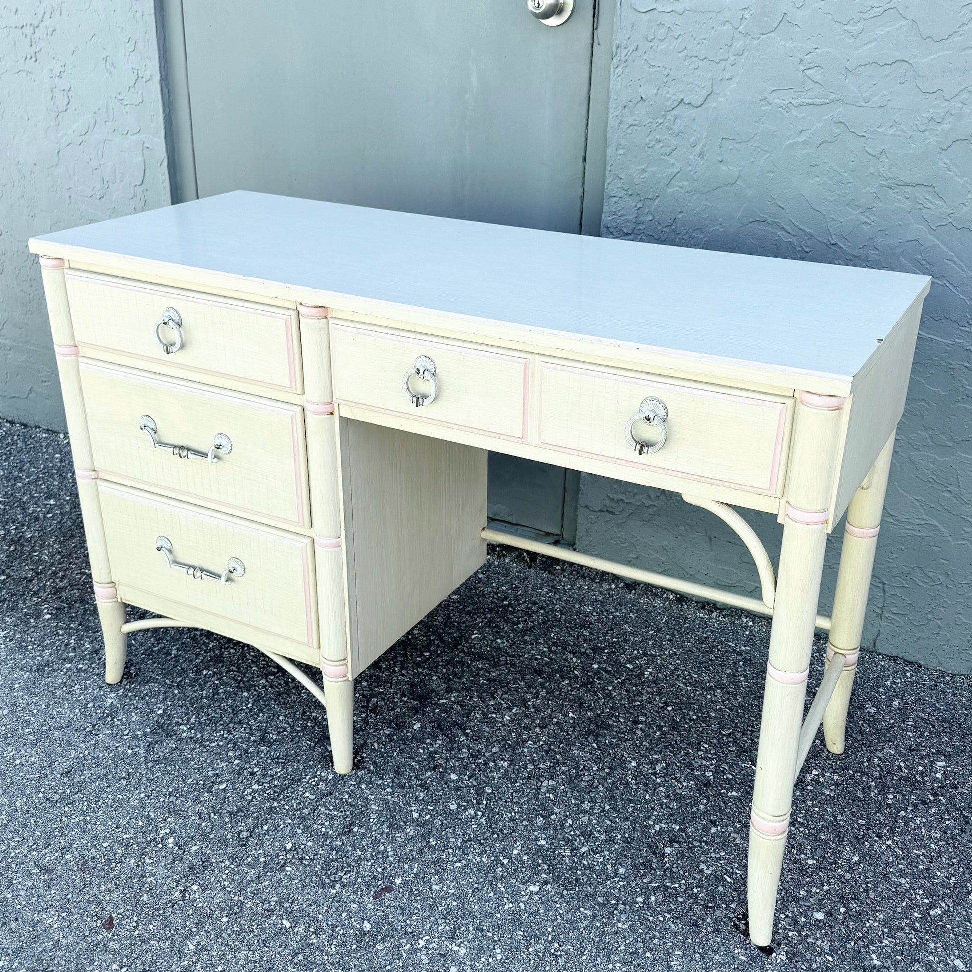 Vintage Coastal Faux Bamboo Cream and Pink Desk by Thomasville Dolphin & Flamingo