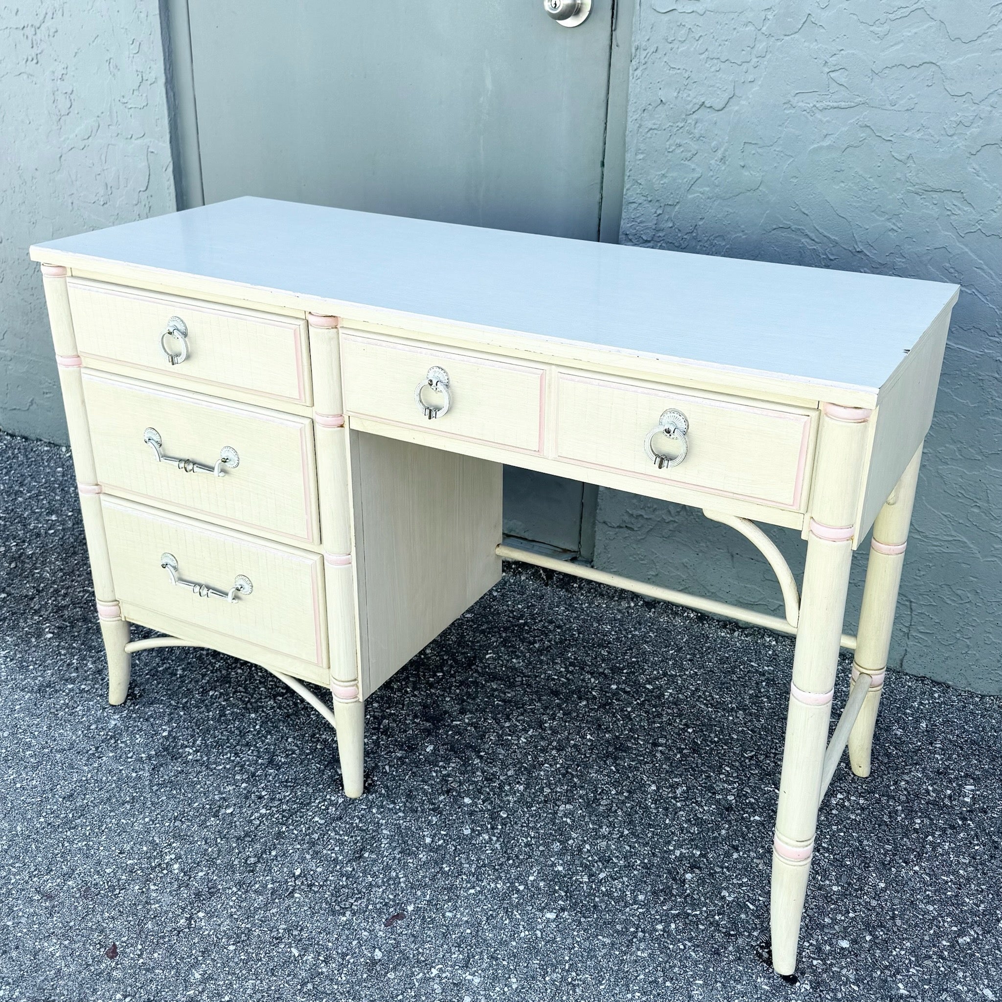 Vintage Coastal Faux Bamboo Cream and Pink Desk by Thomasville Dolphin & Flamingo