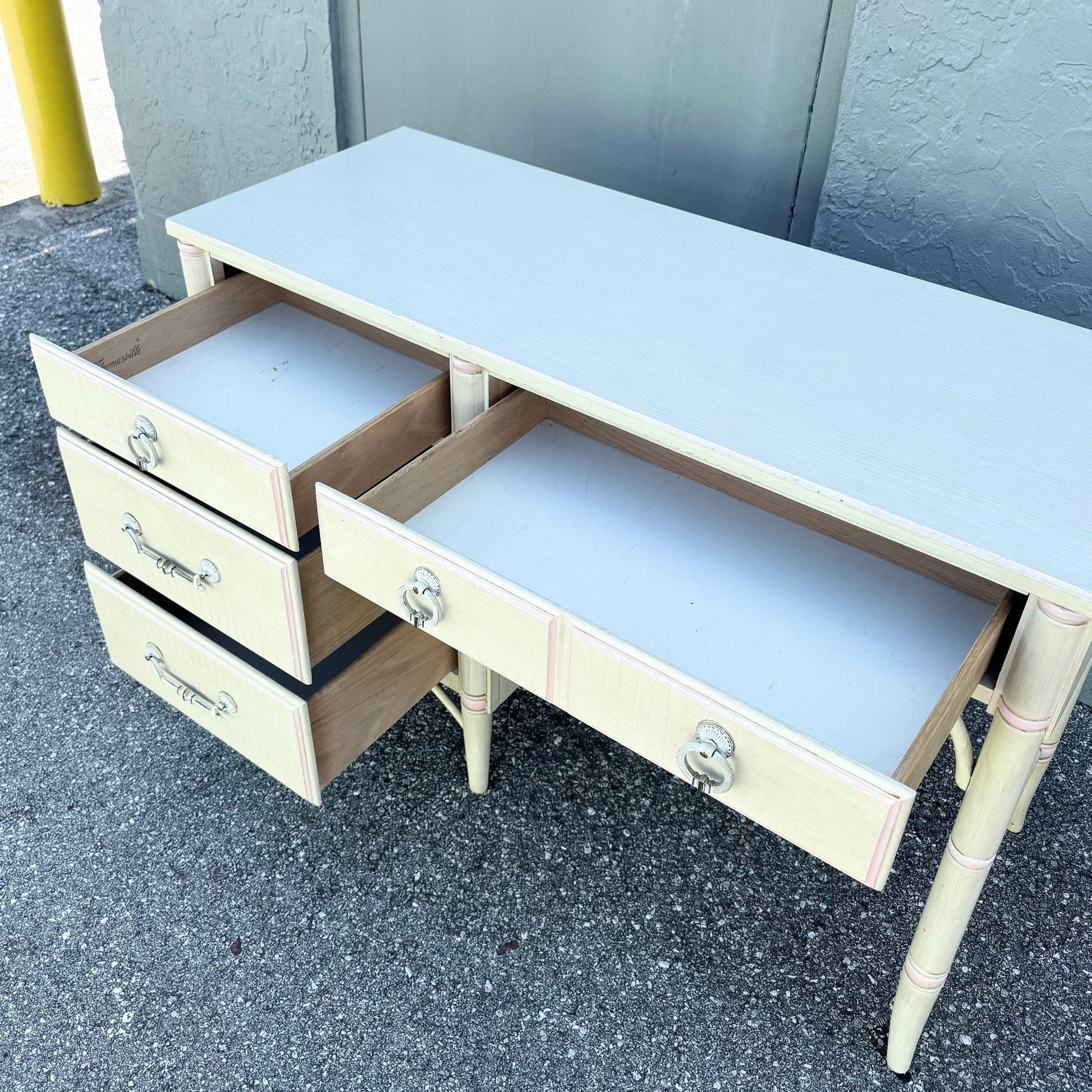 Vintage Coastal Faux Bamboo Cream and Pink Desk by Thomasville Dolphin & Flamingo