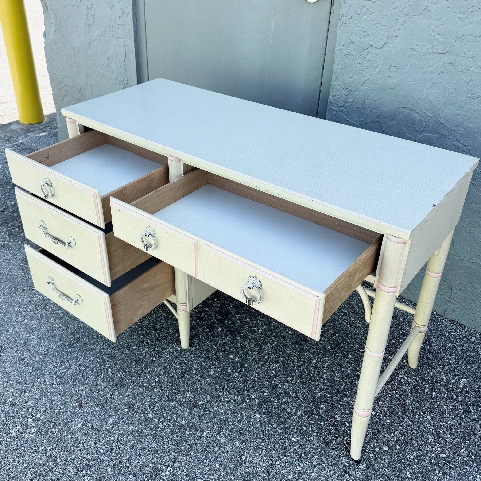Vintage Coastal Faux Bamboo Cream and Pink Desk by Thomasville Dolphin & Flamingo