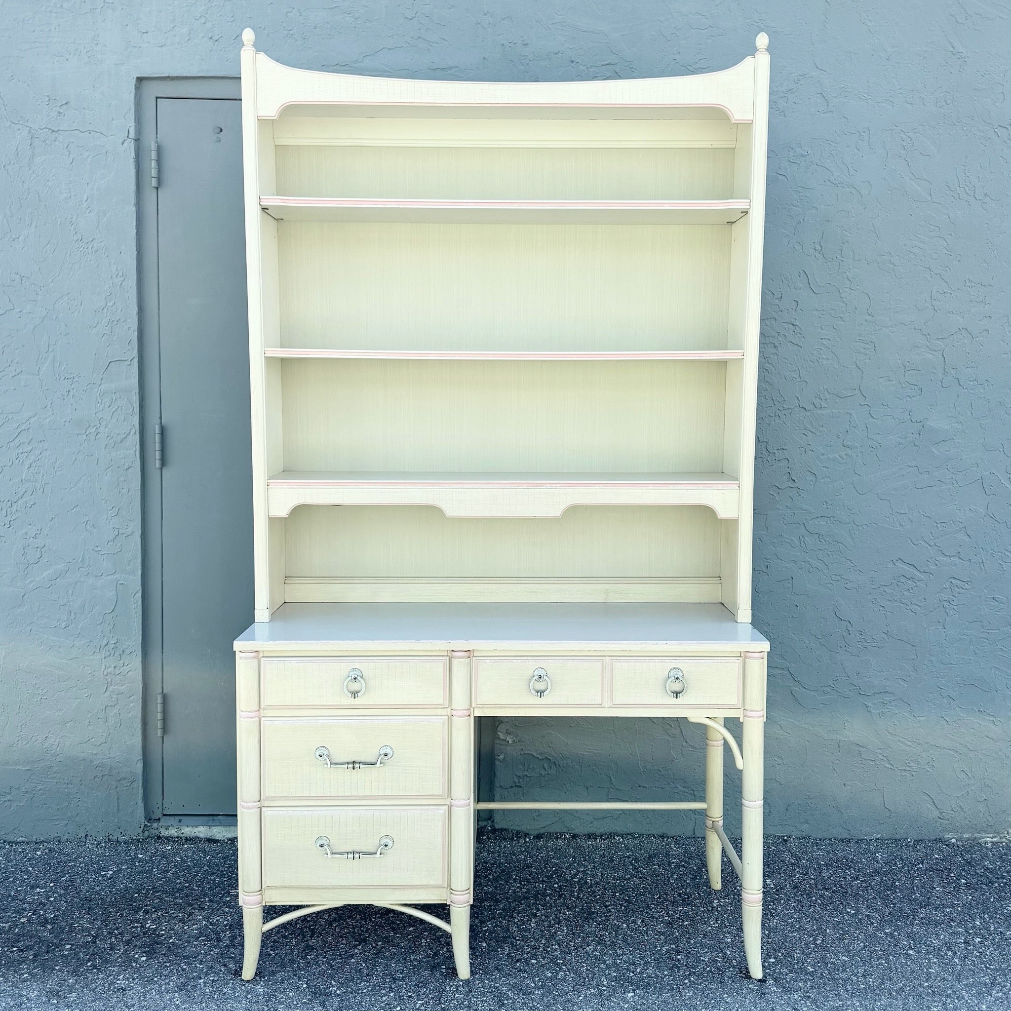 Vintage Coastal Faux Bamboo Cream and Pink Desk With Hutch by Thomasville Dolphin & Flamingo