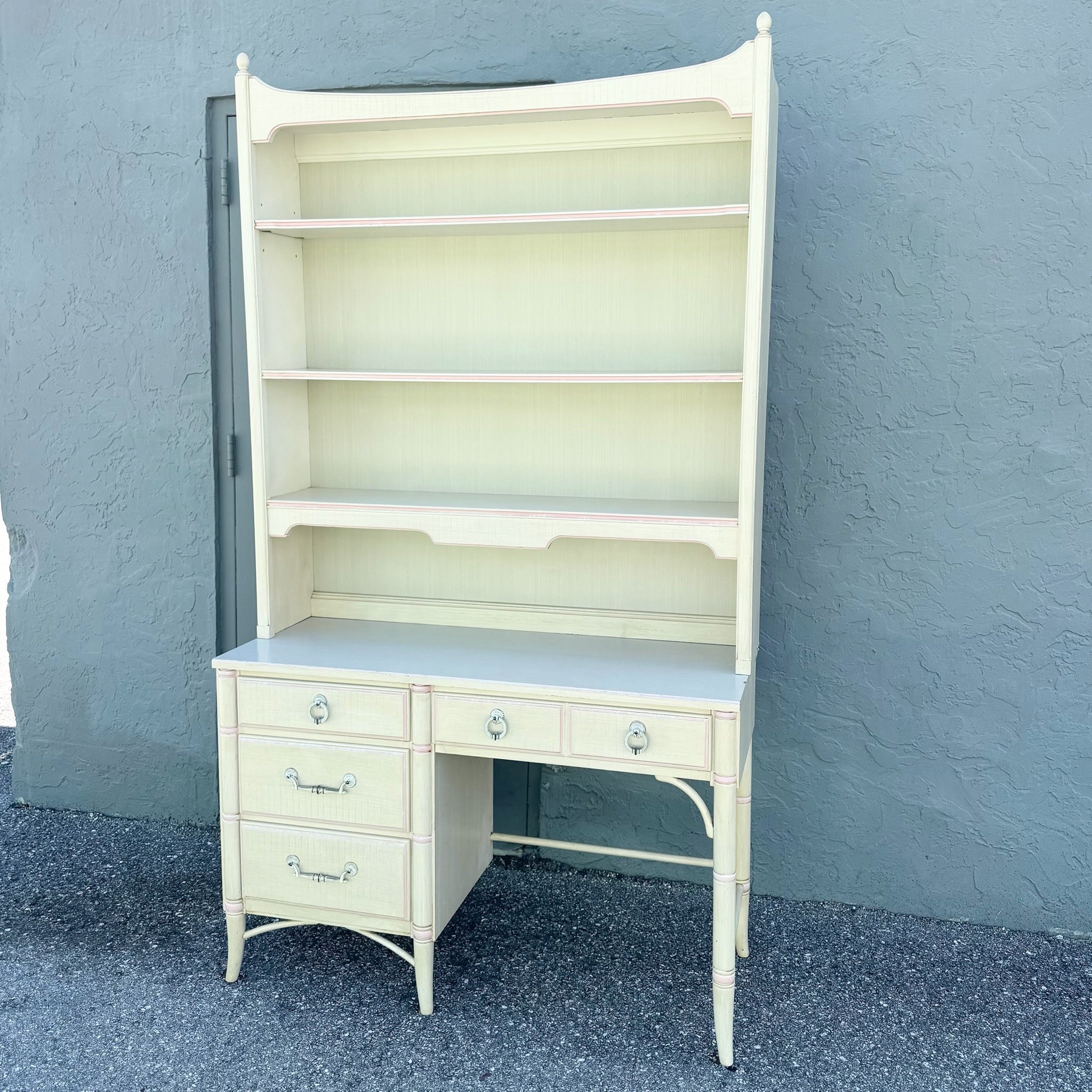 Vintage Coastal Faux Bamboo Cream and Pink Desk With Hutch by Thomasville Dolphin & Flamingo