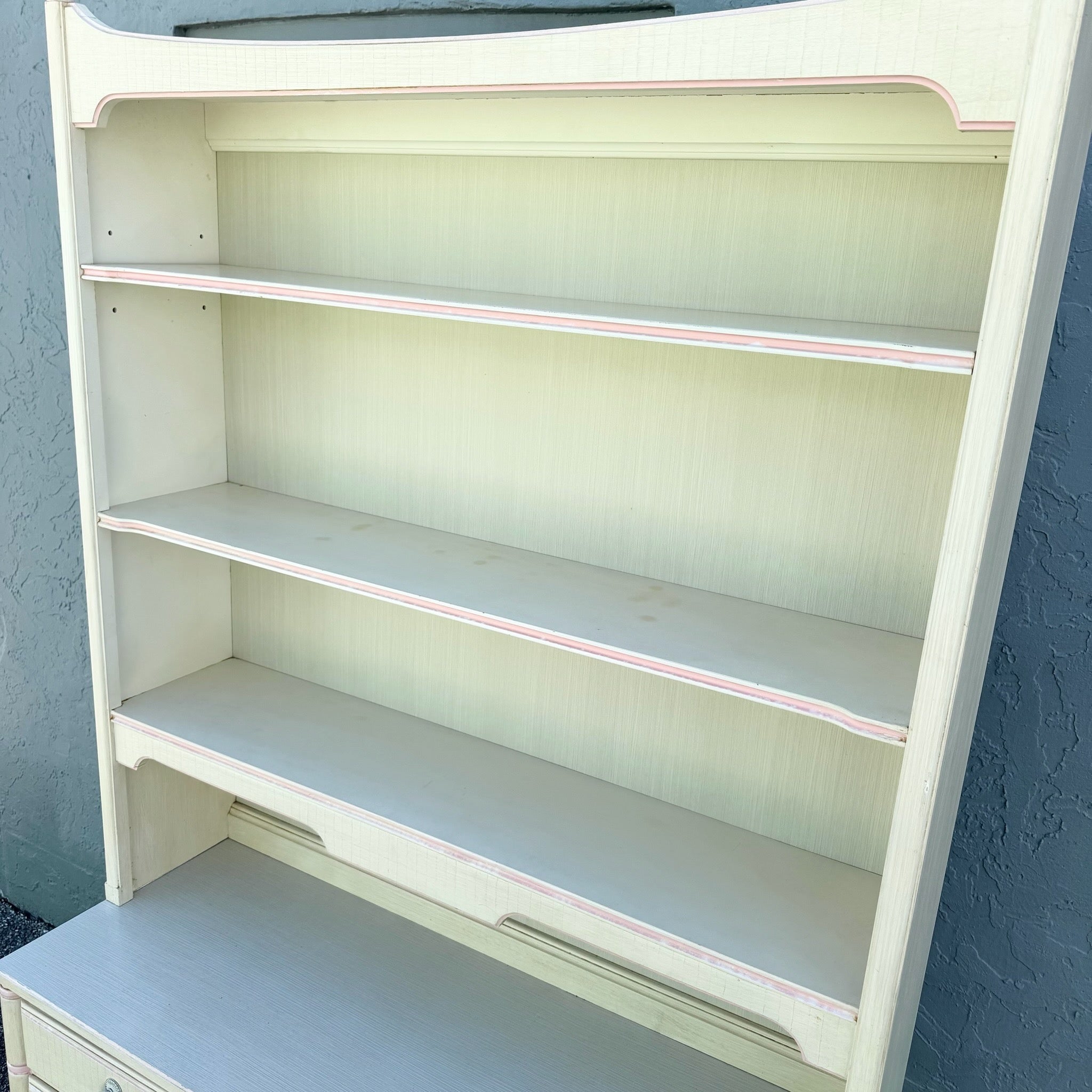 Vintage Coastal Faux Bamboo Cream and Pink Desk With Hutch by Thomasville Dolphin & Flamingo