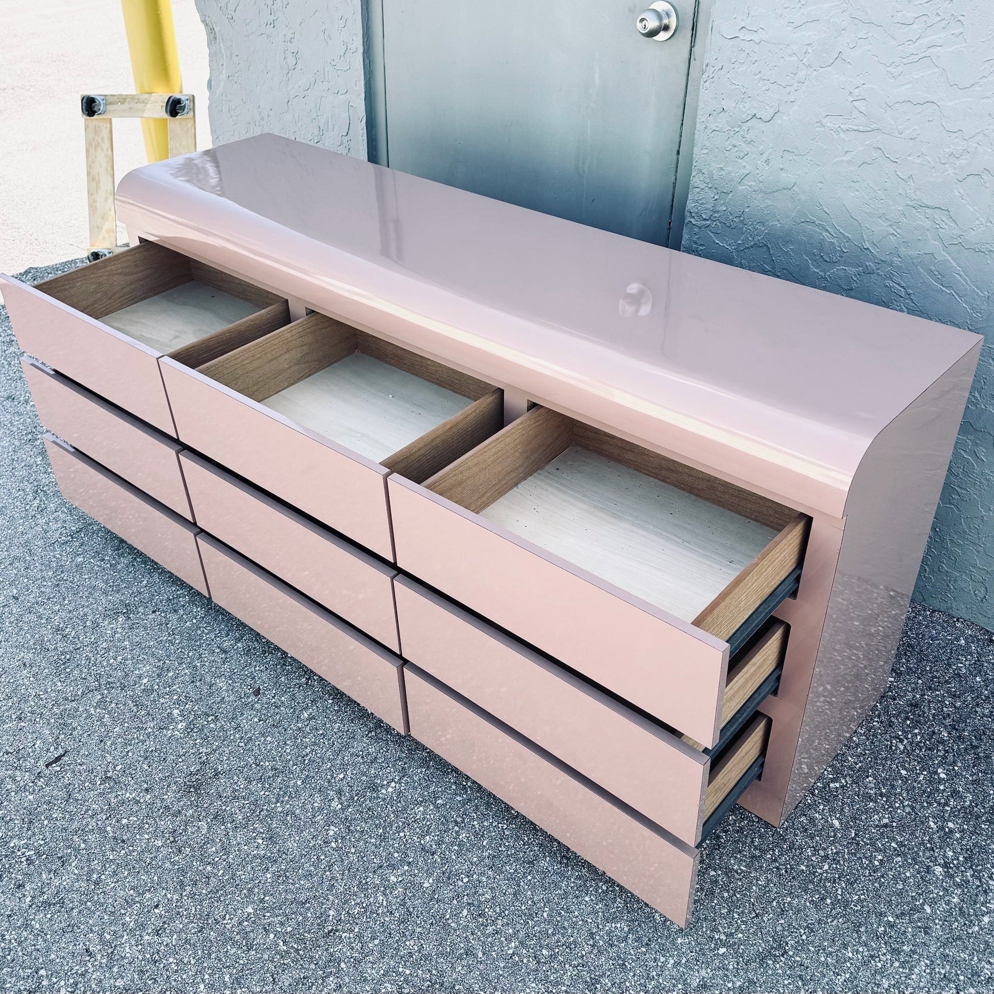 Postmodern Pink Gloss Laminate Waterfall Dresser Dolphin & Flamingo