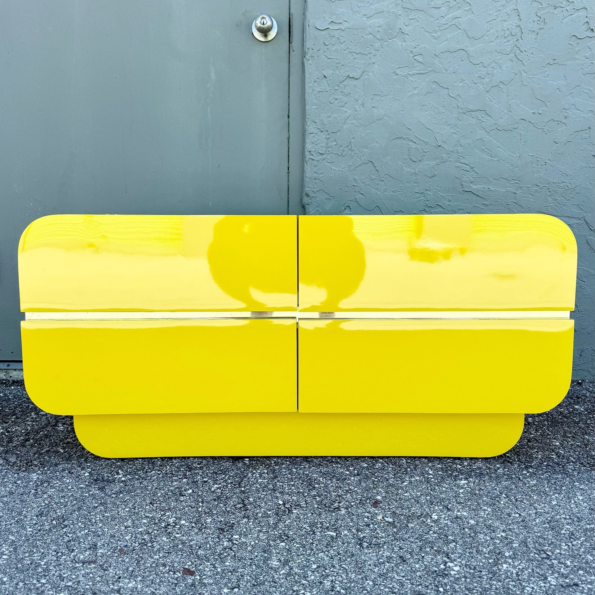 Postmodern Yellow Gloss Laminate Waterfall Chest of Drawers With Gold Accents Dolphin & Flamingo