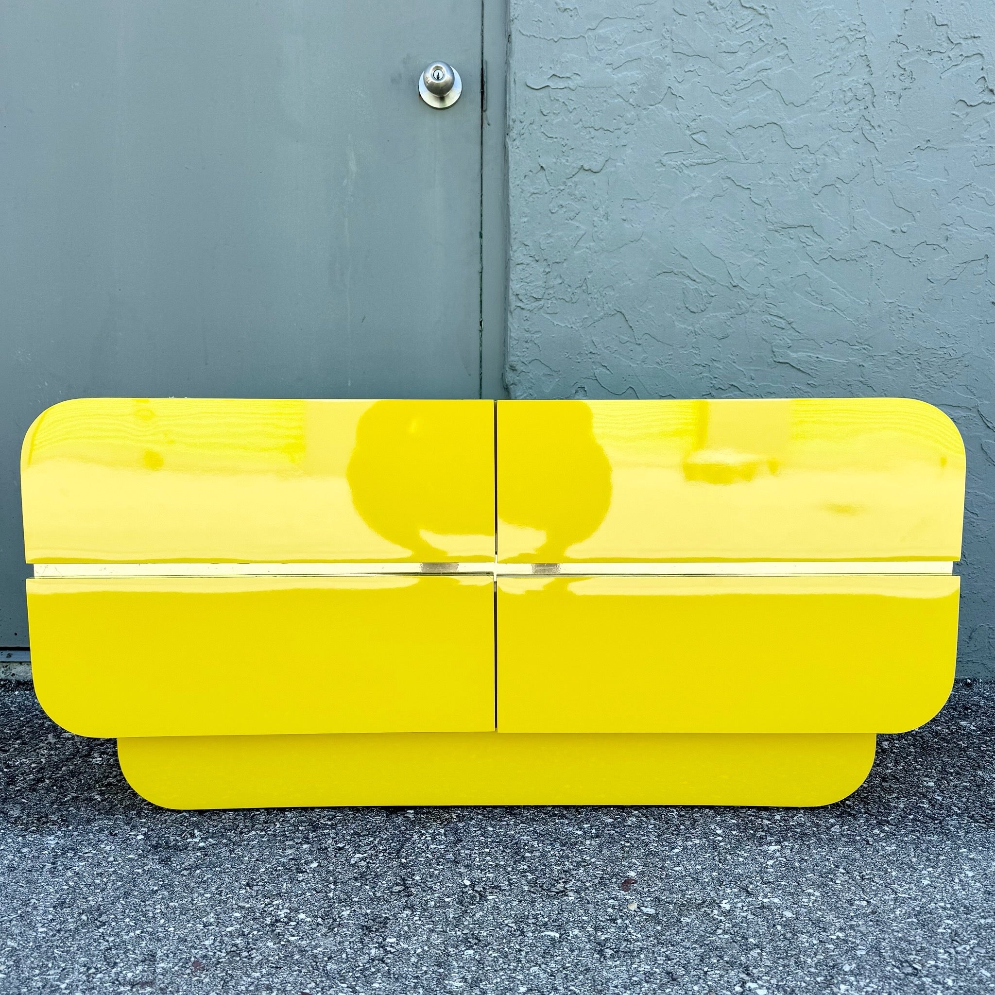 Postmodern Yellow Gloss Laminate Waterfall Chest of Drawers With Gold Accents Dolphin & Flamingo