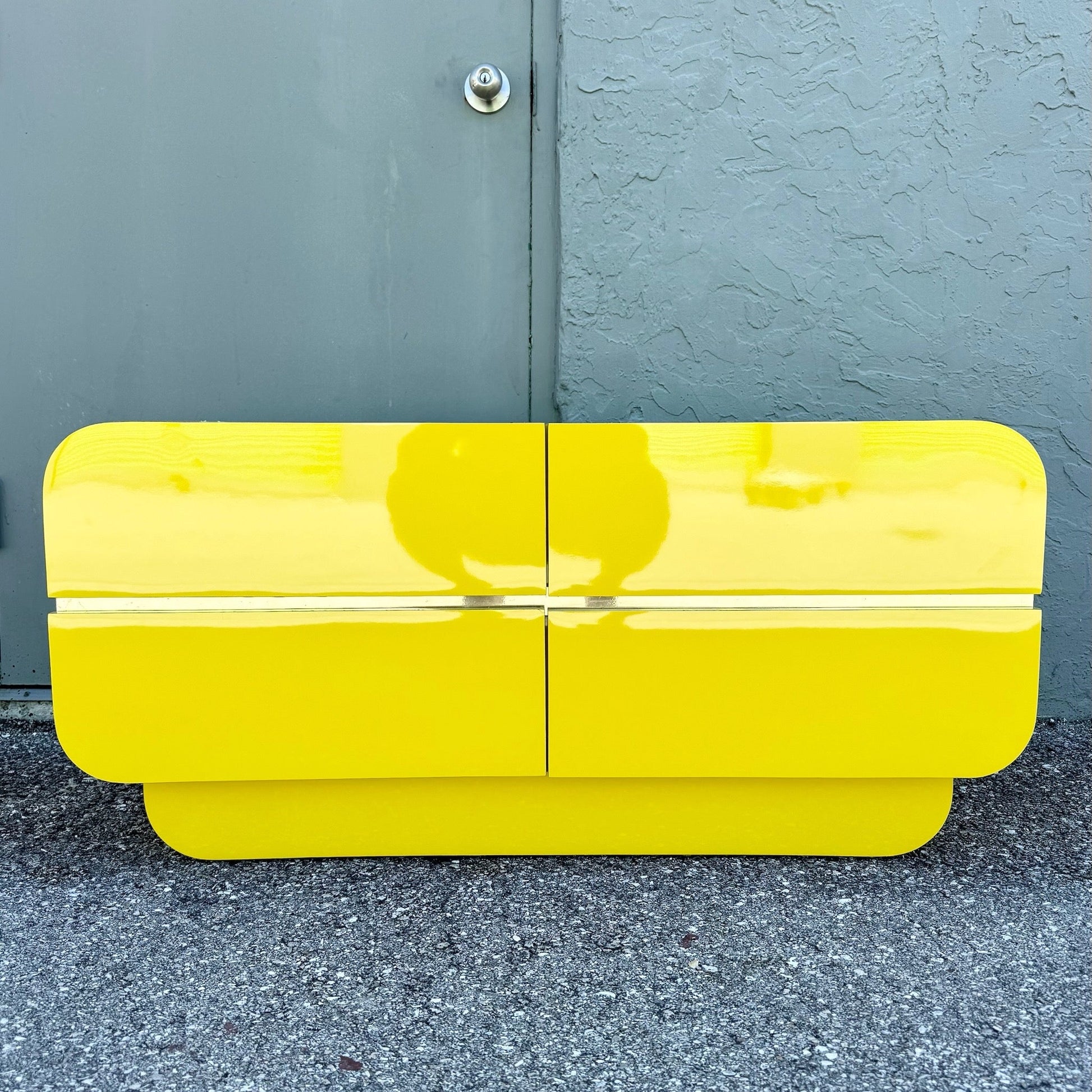 Postmodern Yellow Gloss Laminate Waterfall Chest of Drawers With Gold Accents Dolphin & Flamingo