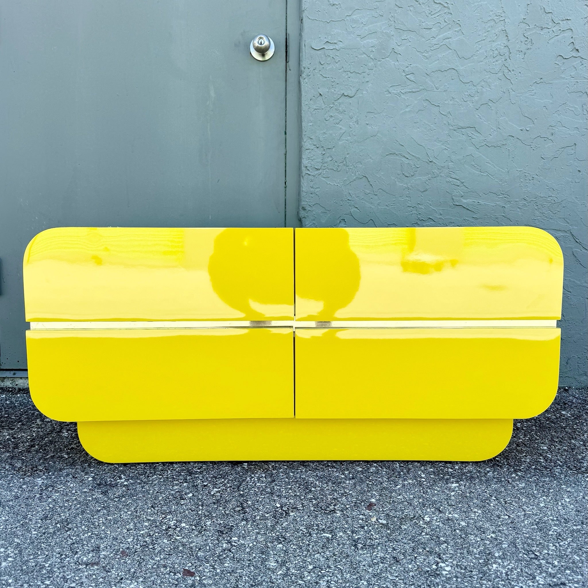 Postmodern Yellow Gloss Laminate Waterfall Chest of Drawers With Gold Accents Dolphin & Flamingo