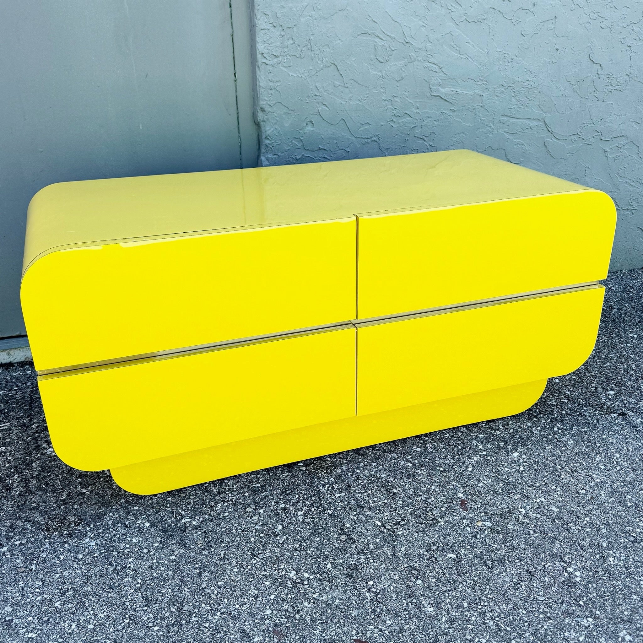 Postmodern Yellow Gloss Laminate Waterfall Chest of Drawers With Gold Accents Dolphin & Flamingo