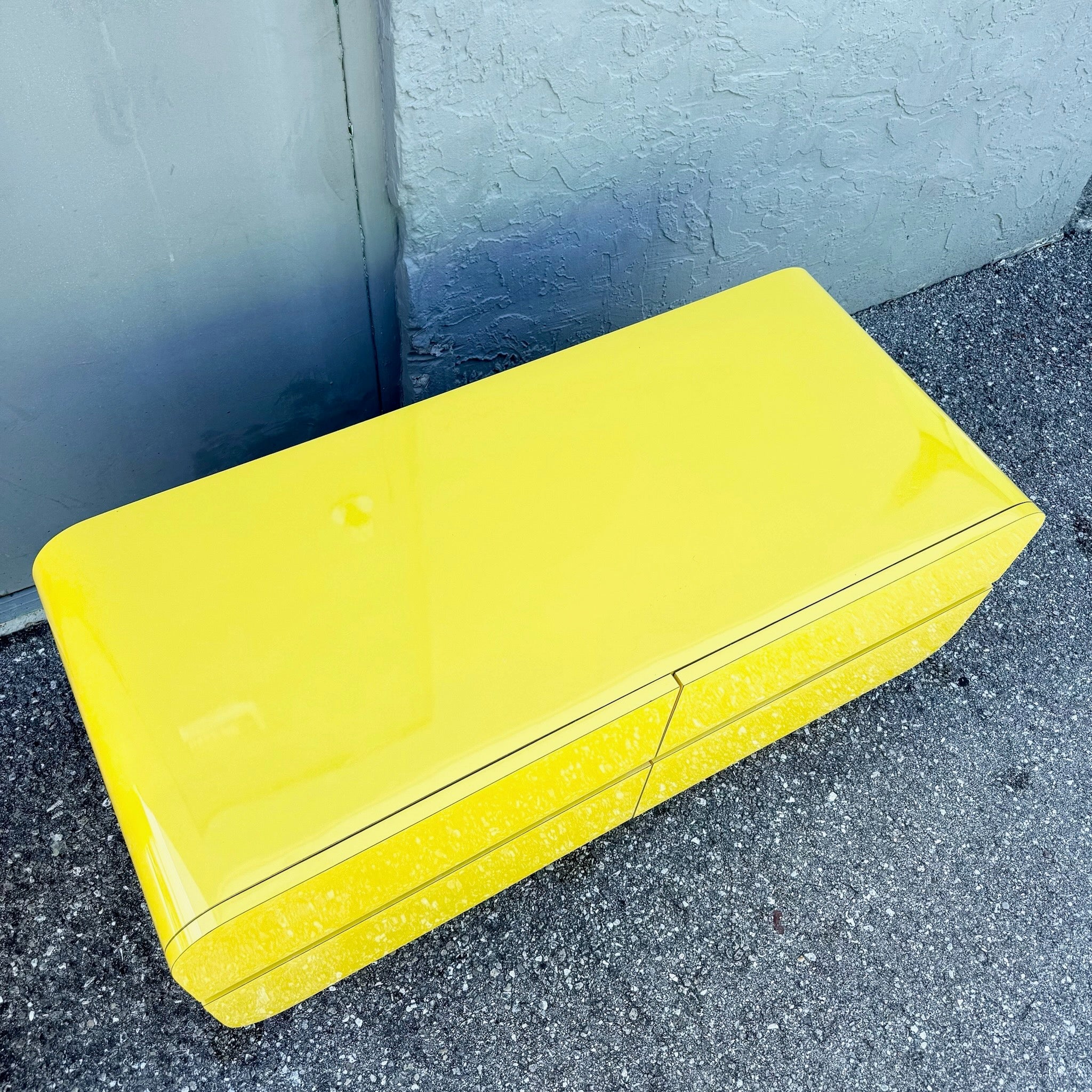 Postmodern Yellow Gloss Laminate Waterfall Chest of Drawers With Gold Accents Dolphin & Flamingo