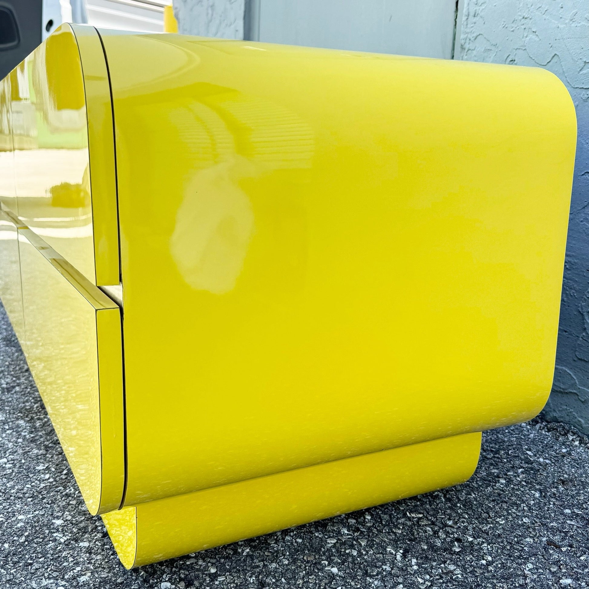 Postmodern Yellow Gloss Laminate Waterfall Chest of Drawers With Gold Accents Dolphin & Flamingo