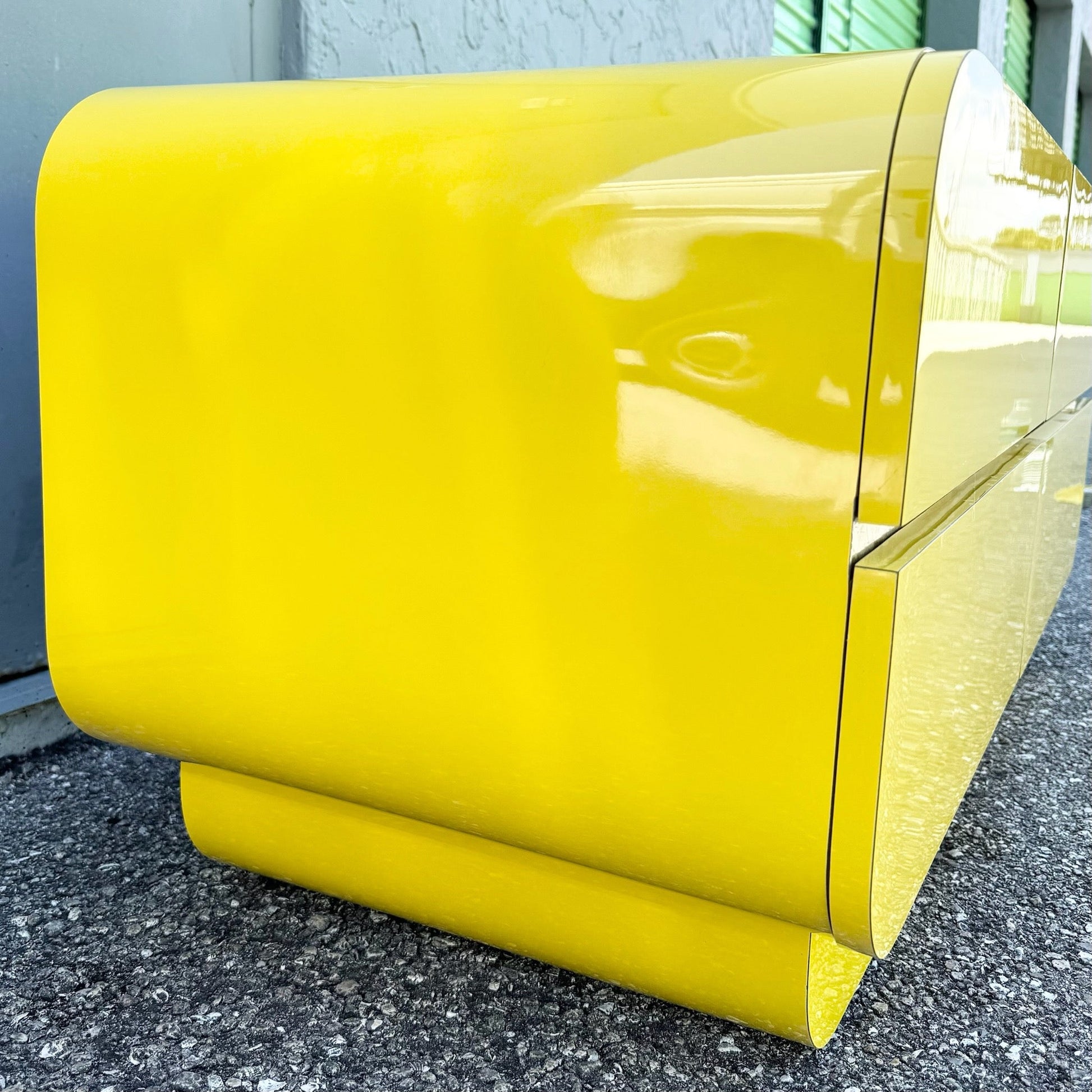 Postmodern Yellow Gloss Laminate Waterfall Chest of Drawers With Gold Accents Dolphin & Flamingo