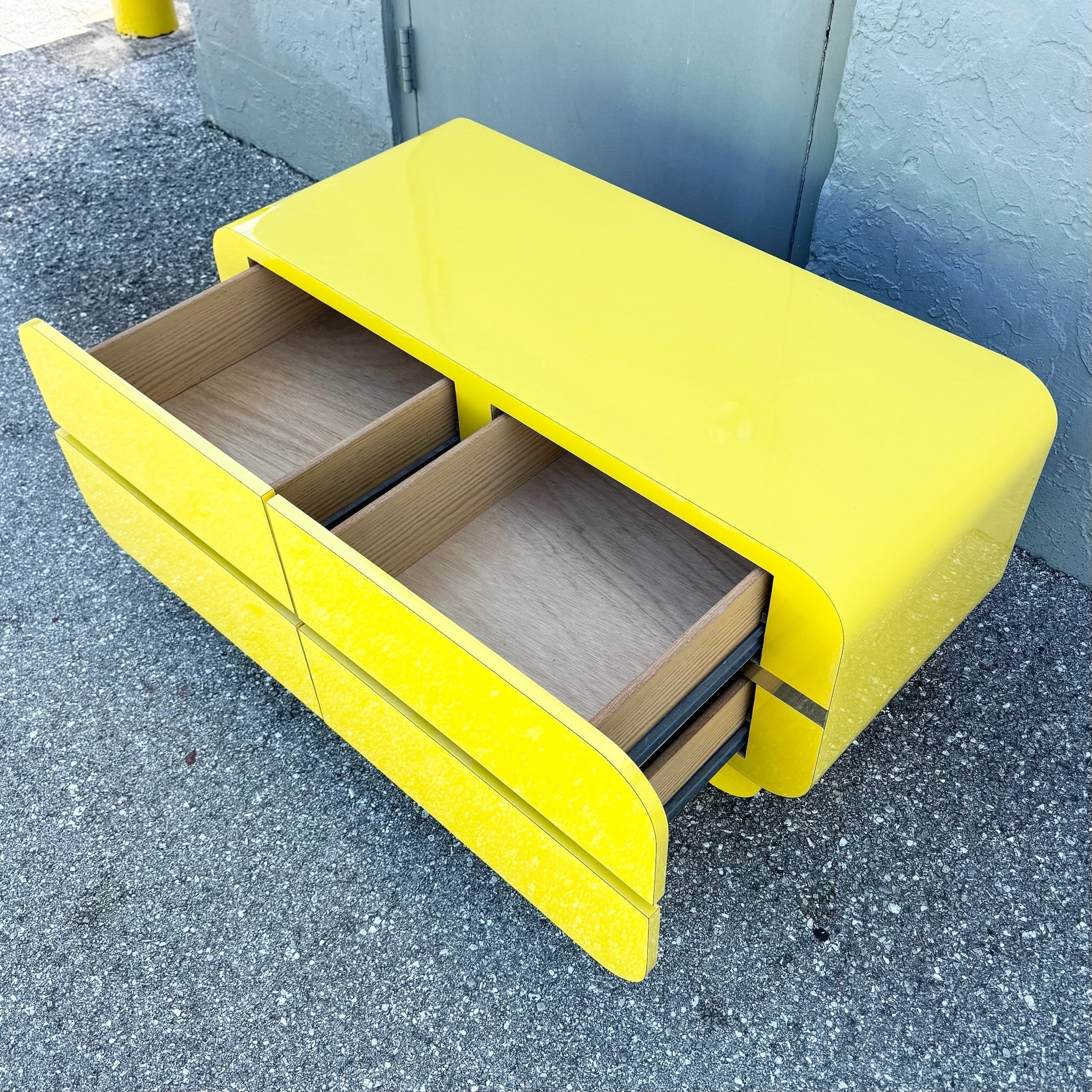 Postmodern Yellow Gloss Laminate Waterfall Chest of Drawers With Gold Accents Dolphin & Flamingo