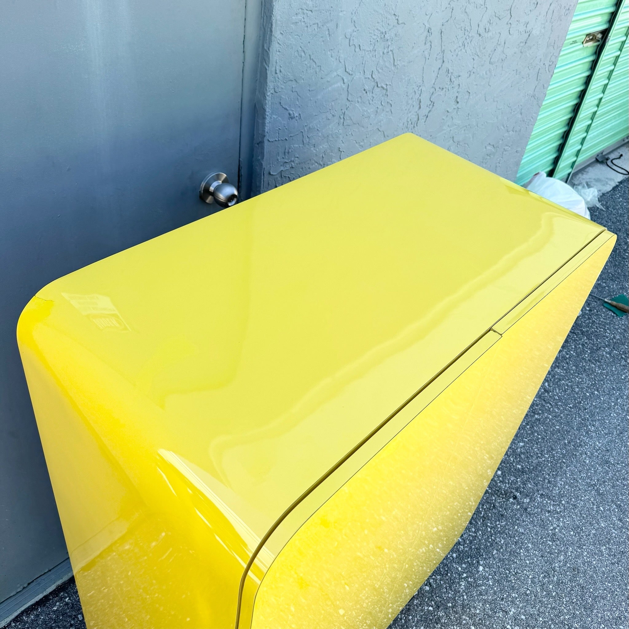 Postmodern Yellow Gloss Laminate Waterfall Cabinet With Gold Accents Dolphin & Flamingo