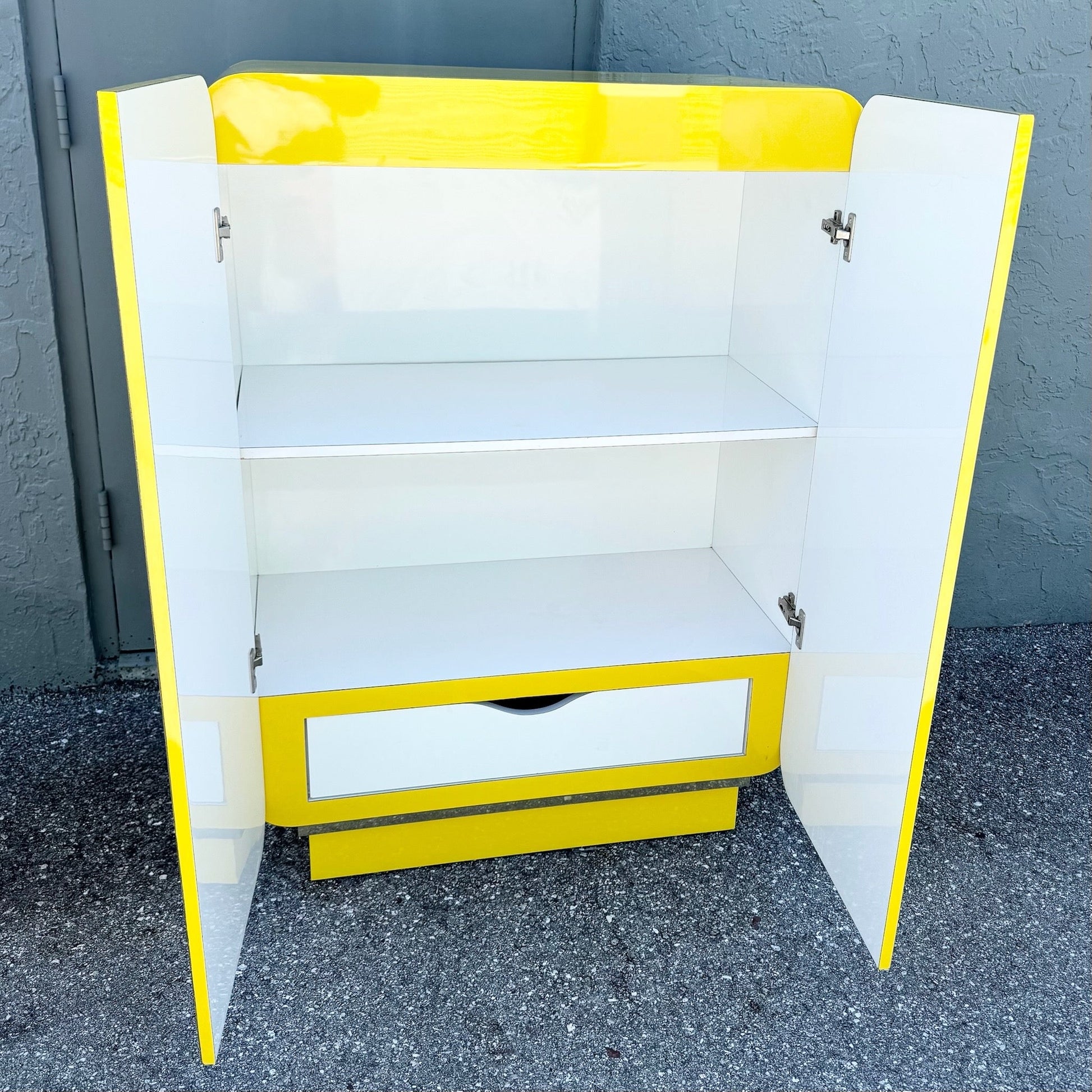 Postmodern Yellow Gloss Laminate Waterfall Cabinet With Gold Accents Dolphin & Flamingo