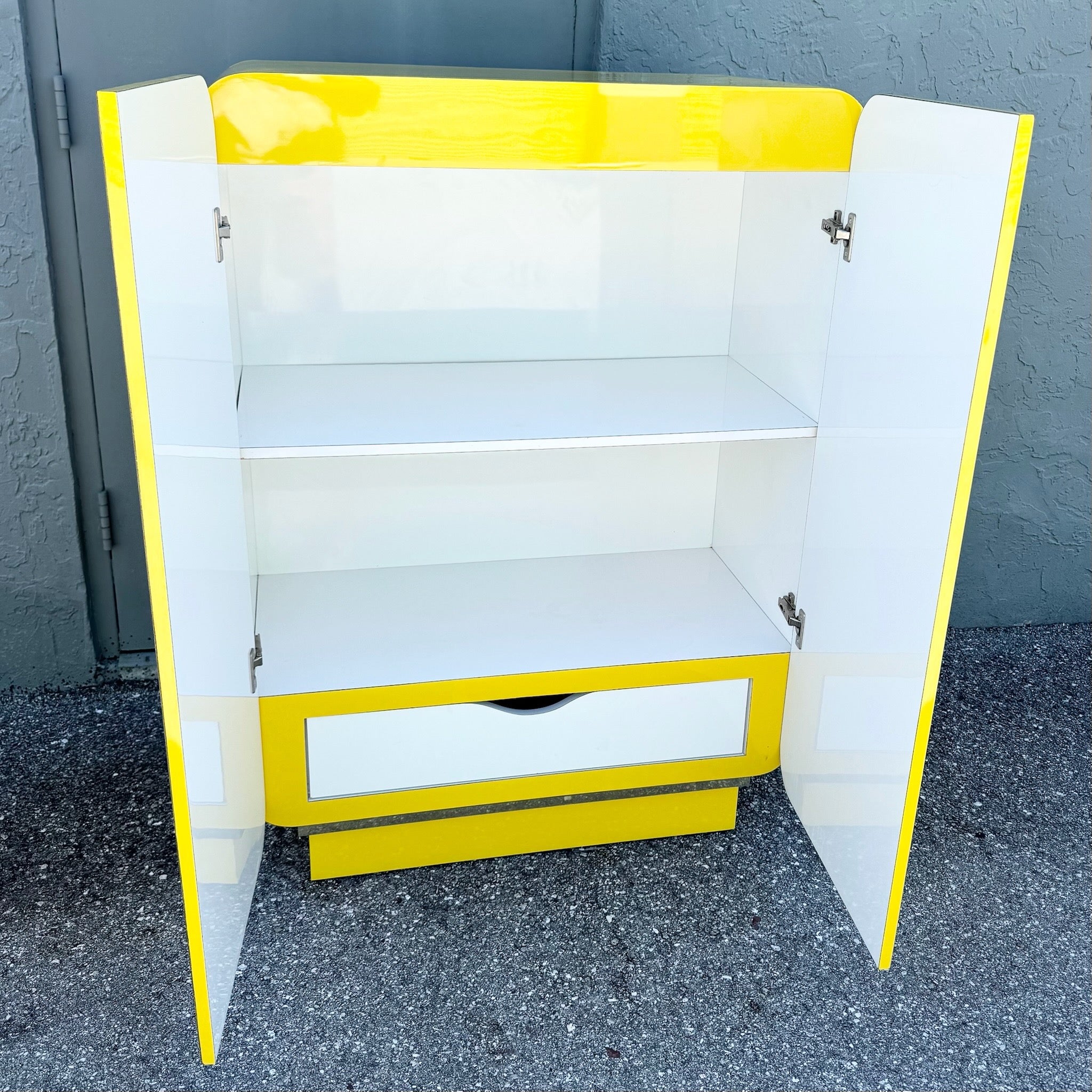 Postmodern Yellow Gloss Laminate Waterfall Cabinet With Gold Accents Dolphin & Flamingo