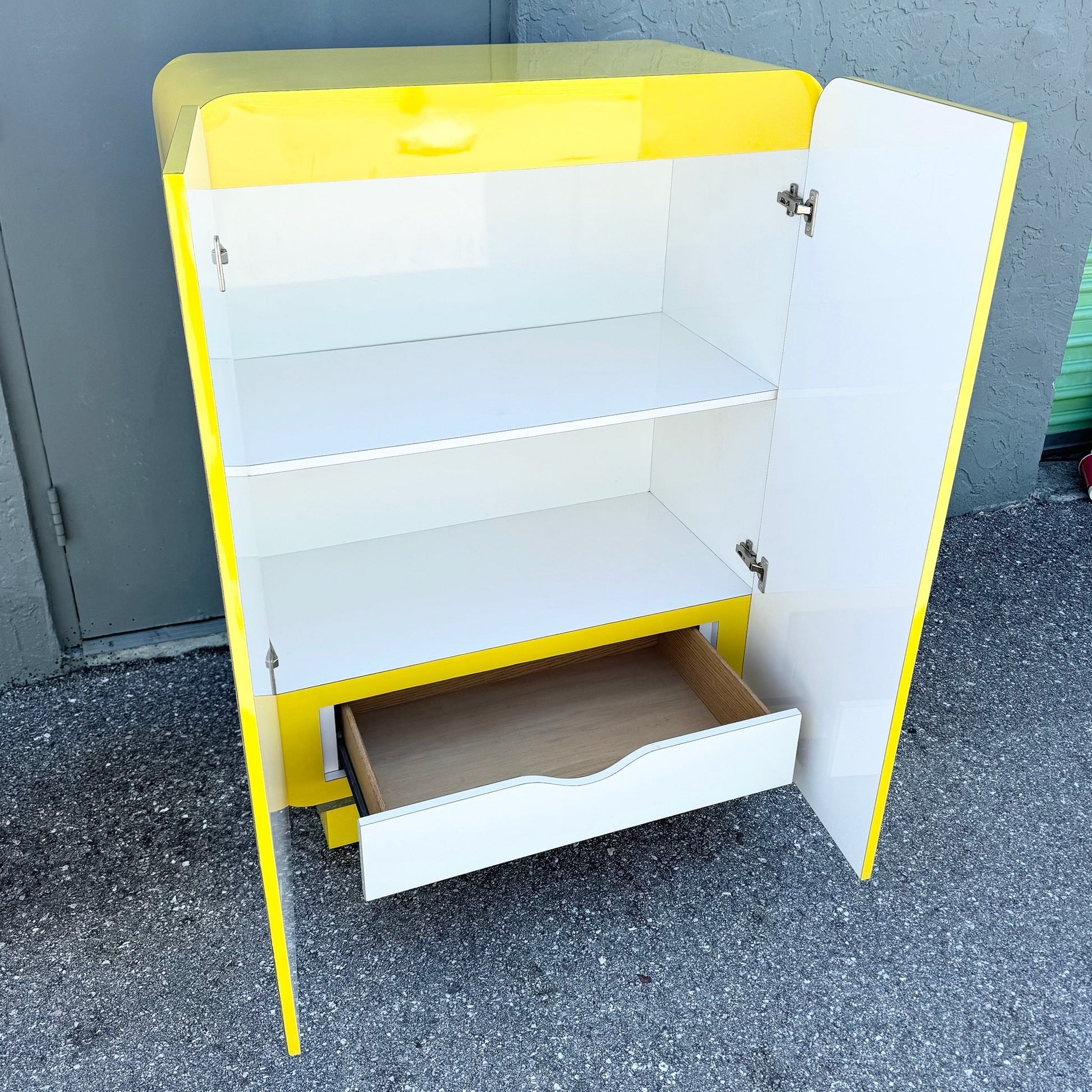 Postmodern Yellow Gloss Laminate Waterfall Cabinet With Gold Accents Dolphin & Flamingo