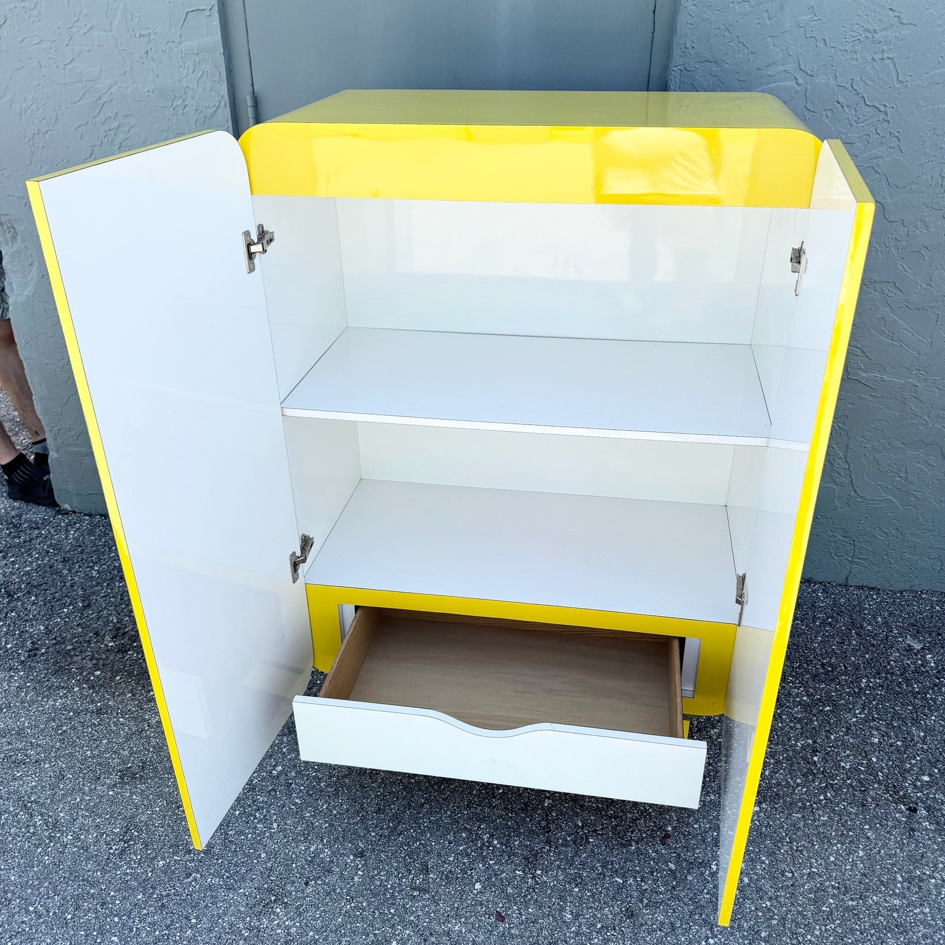 Postmodern Yellow Gloss Laminate Waterfall Cabinet With Gold Accents Dolphin & Flamingo