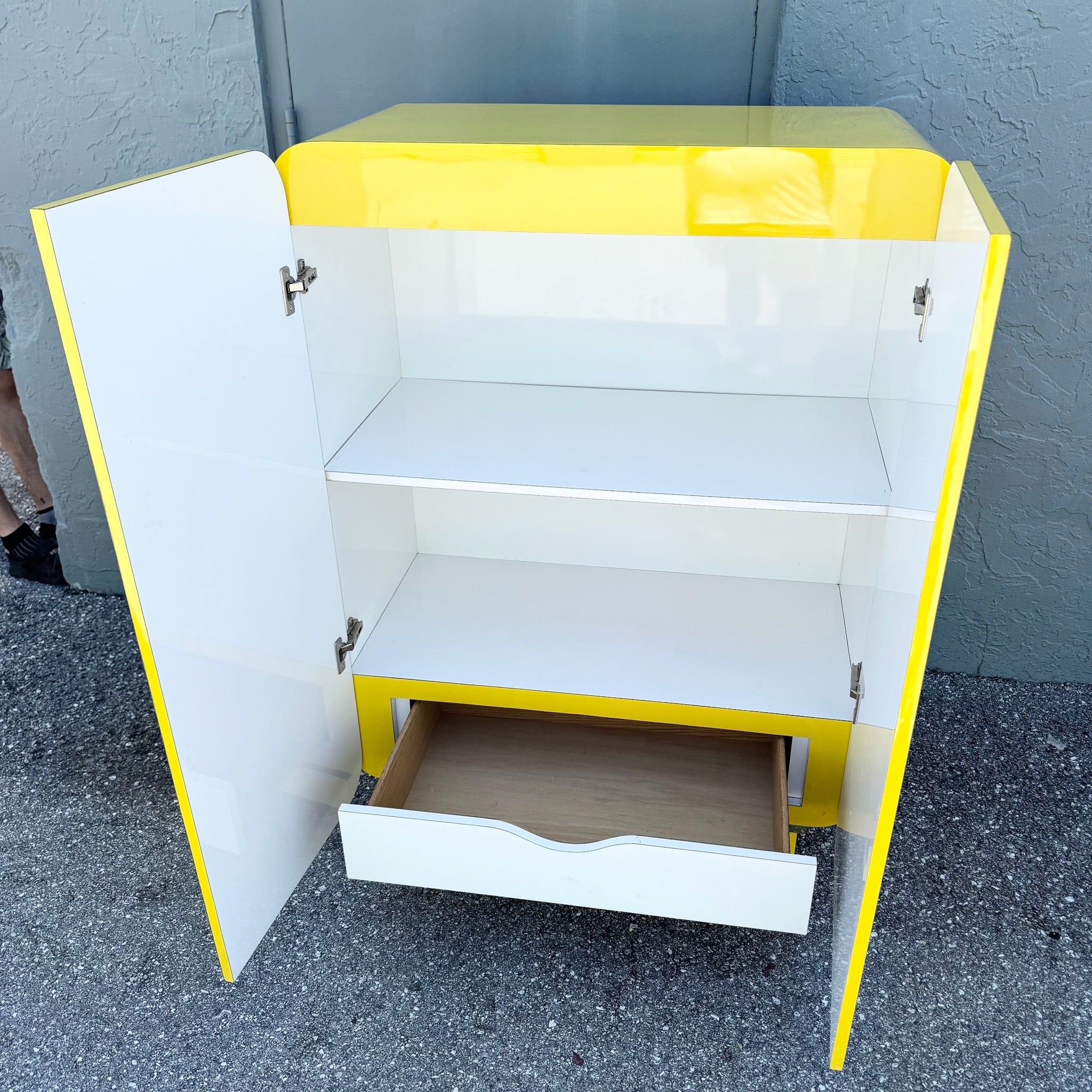 Postmodern Yellow Gloss Laminate Waterfall Cabinet With Gold Accents Dolphin & Flamingo