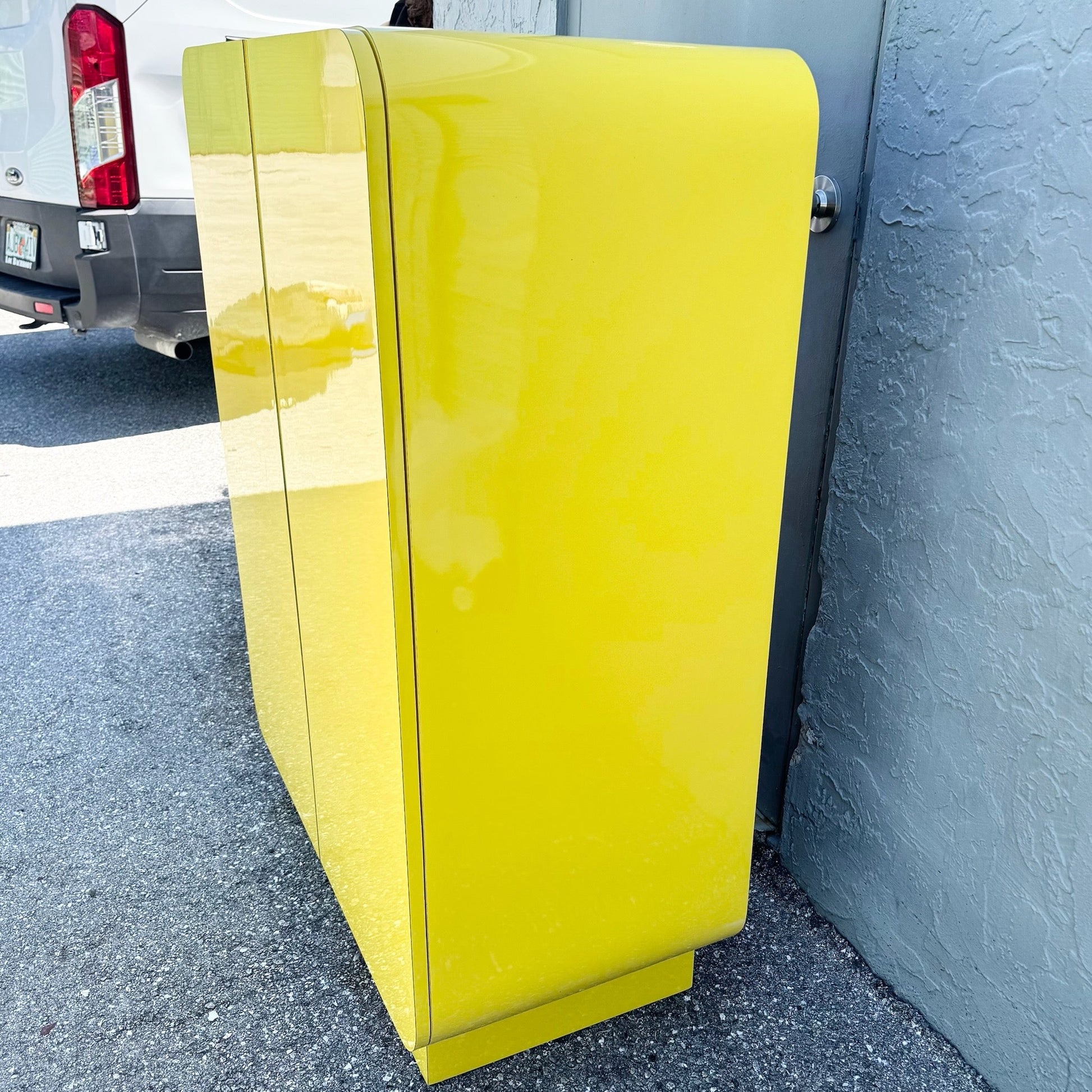 Postmodern Yellow Gloss Laminate Waterfall Cabinet With Gold Accents Dolphin & Flamingo