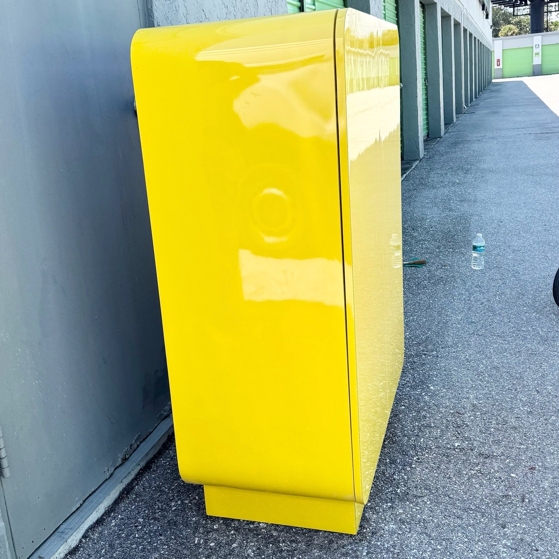 Postmodern Yellow Gloss Laminate Waterfall Cabinet With Gold Accents Dolphin & Flamingo