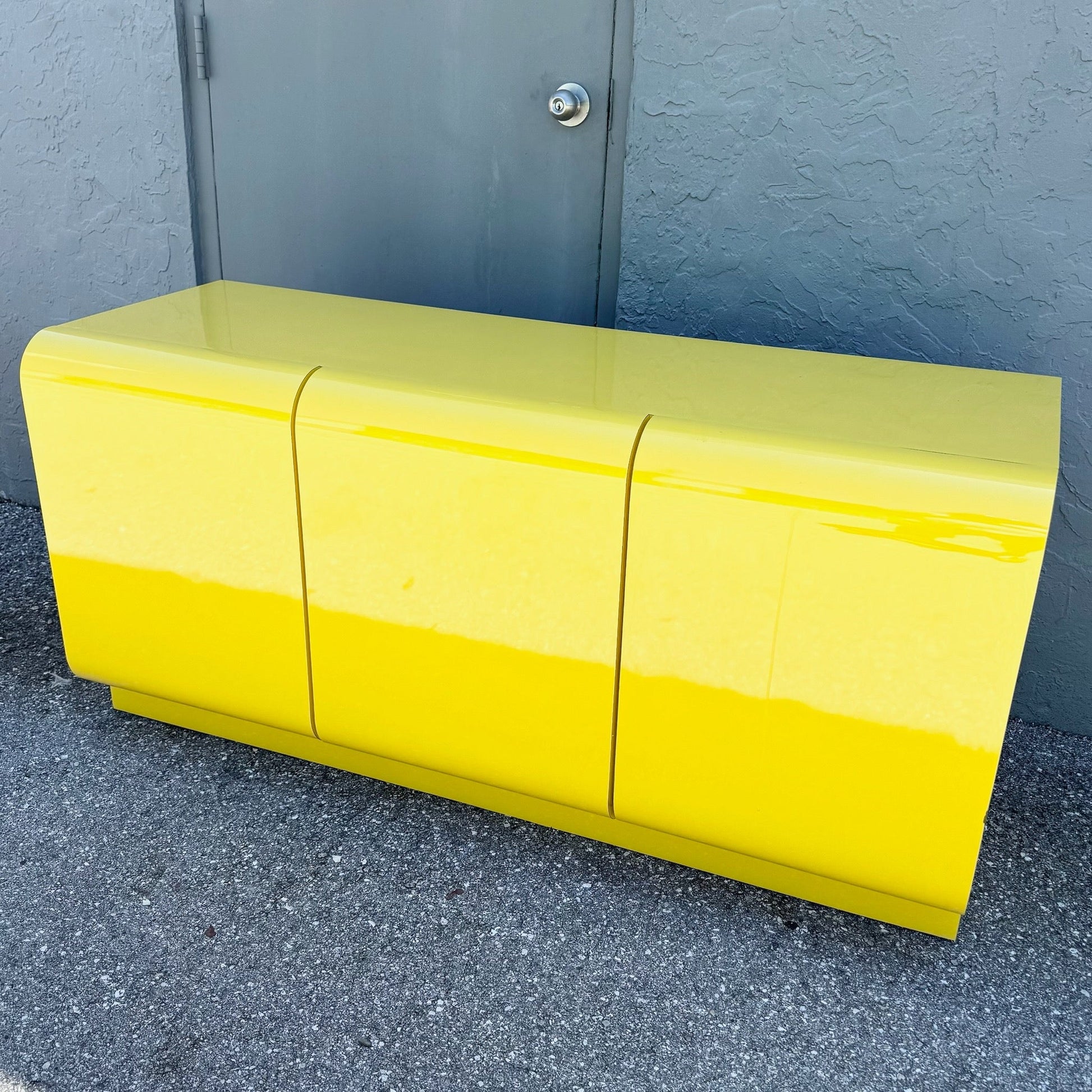 Postmodern Yellow Gloss Laminate Waterfall Dresser Dolphin & Flamingo
