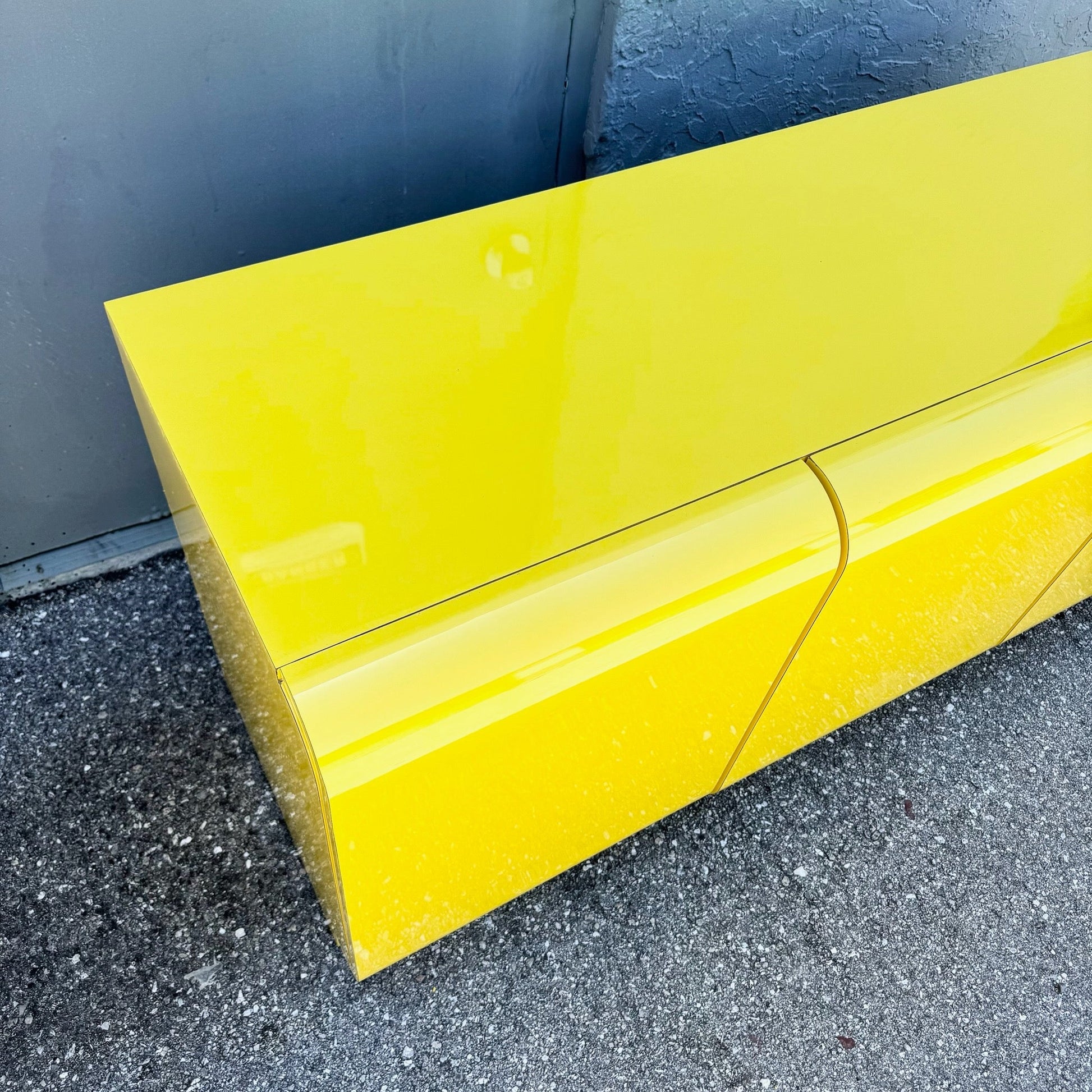 Postmodern Yellow Gloss Laminate Waterfall Dresser Dolphin & Flamingo