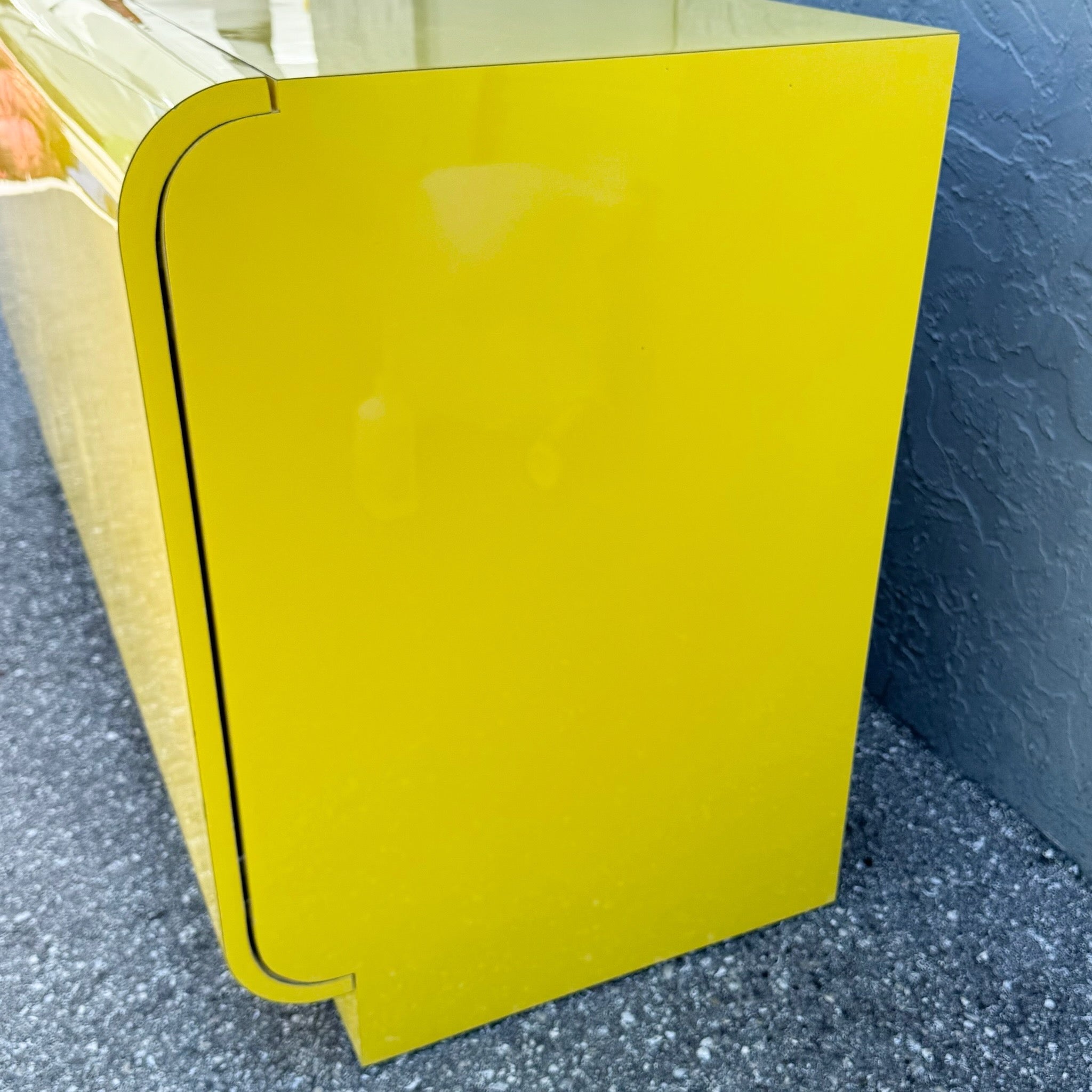 Postmodern Yellow Gloss Laminate Waterfall Dresser Dolphin & Flamingo