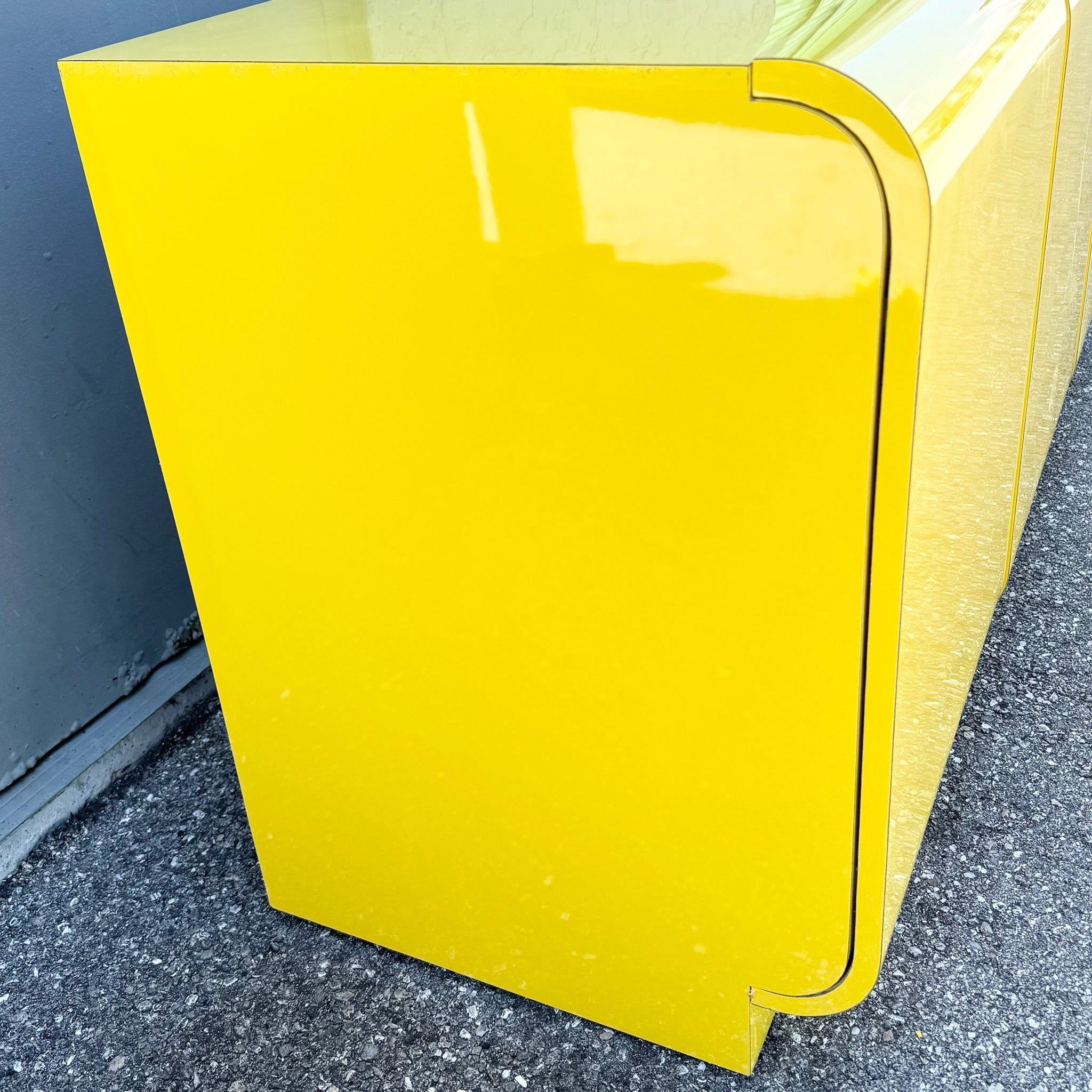 Postmodern Yellow Gloss Laminate Waterfall Dresser Dolphin & Flamingo