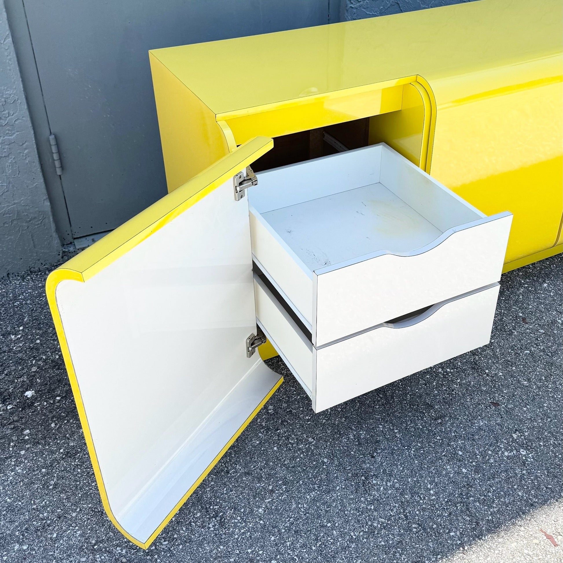 Postmodern Yellow Gloss Laminate Waterfall Dresser Dolphin & Flamingo