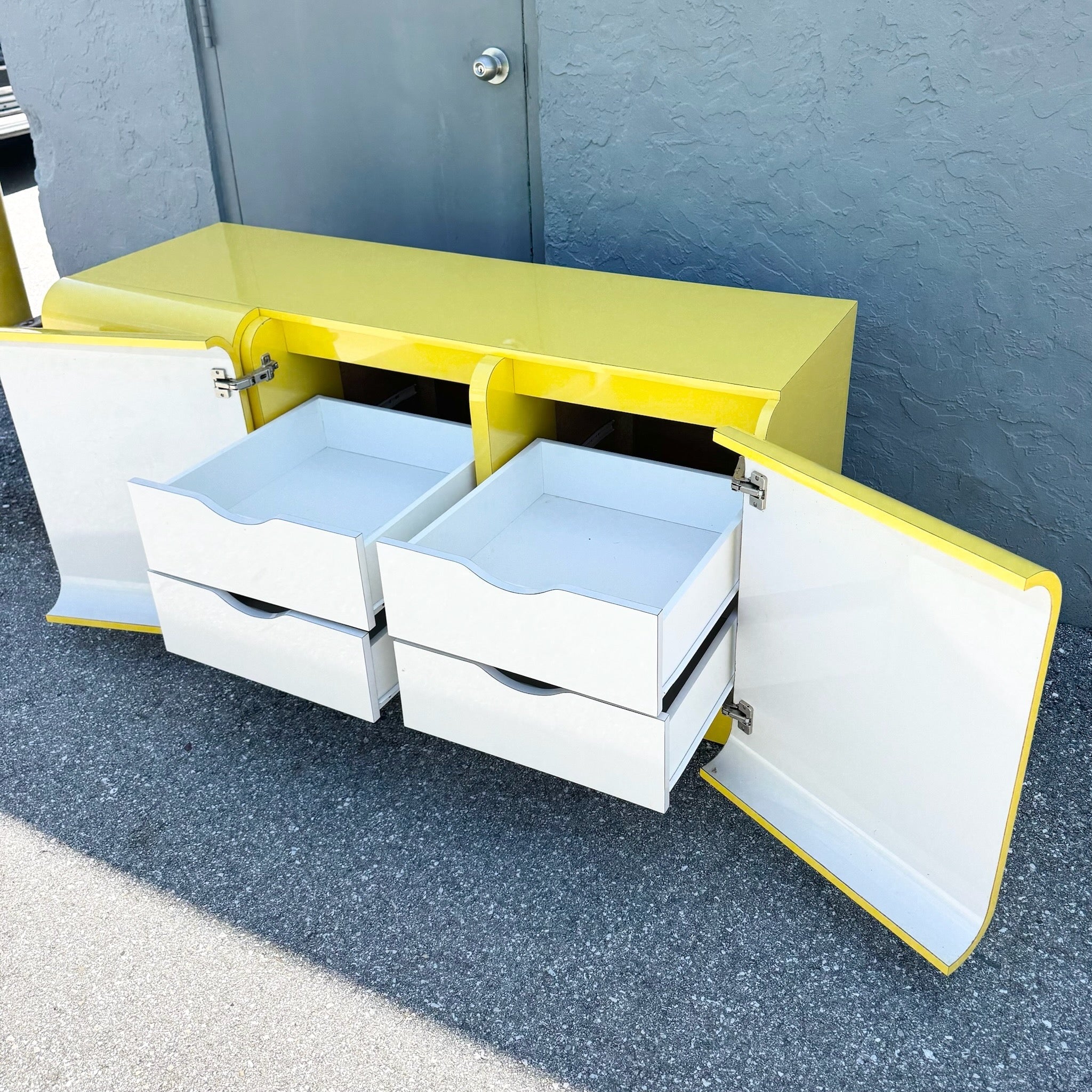 Postmodern Yellow Gloss Laminate Waterfall Dresser Dolphin & Flamingo