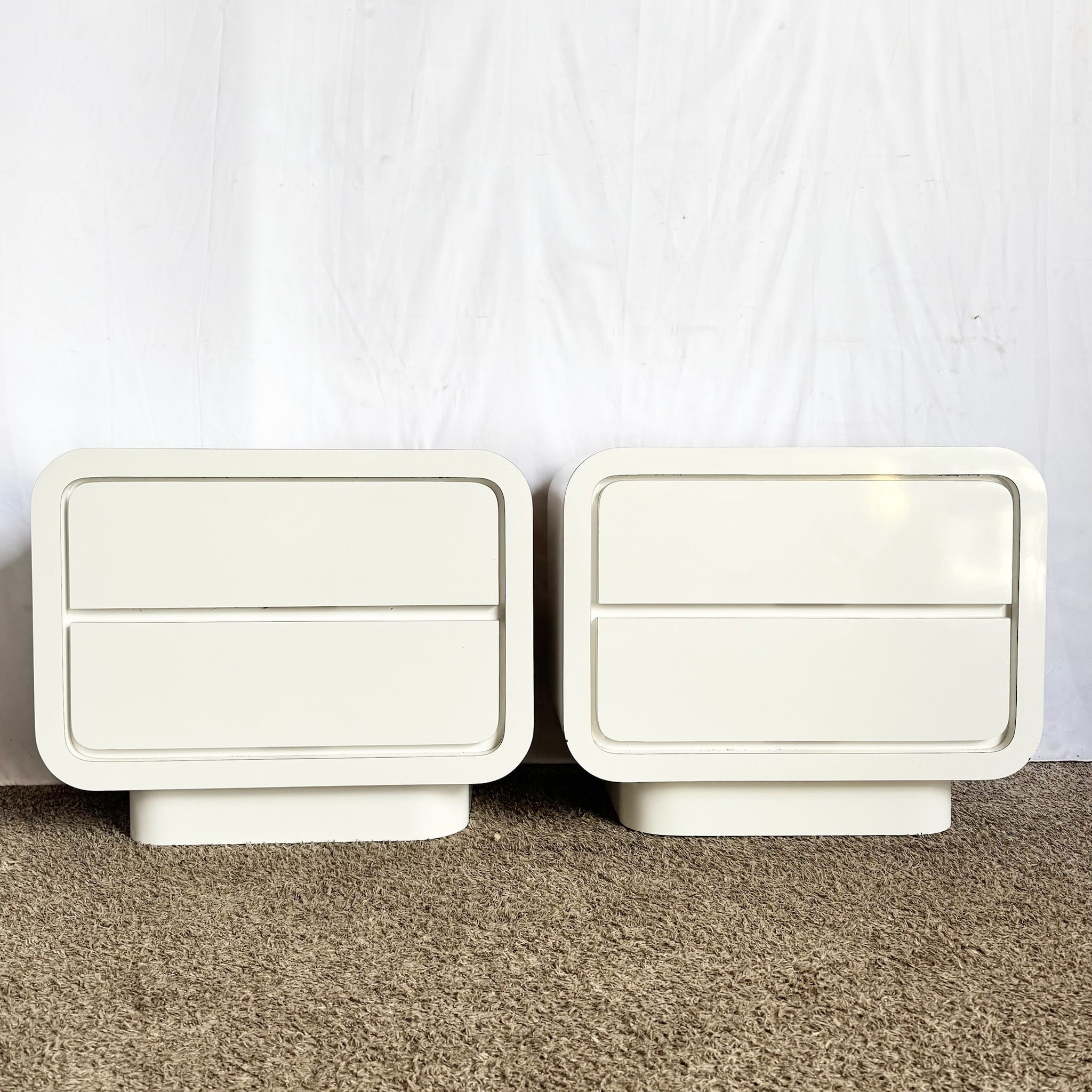 Postmodern White Lacquer Laminate Waterfall Nightstands