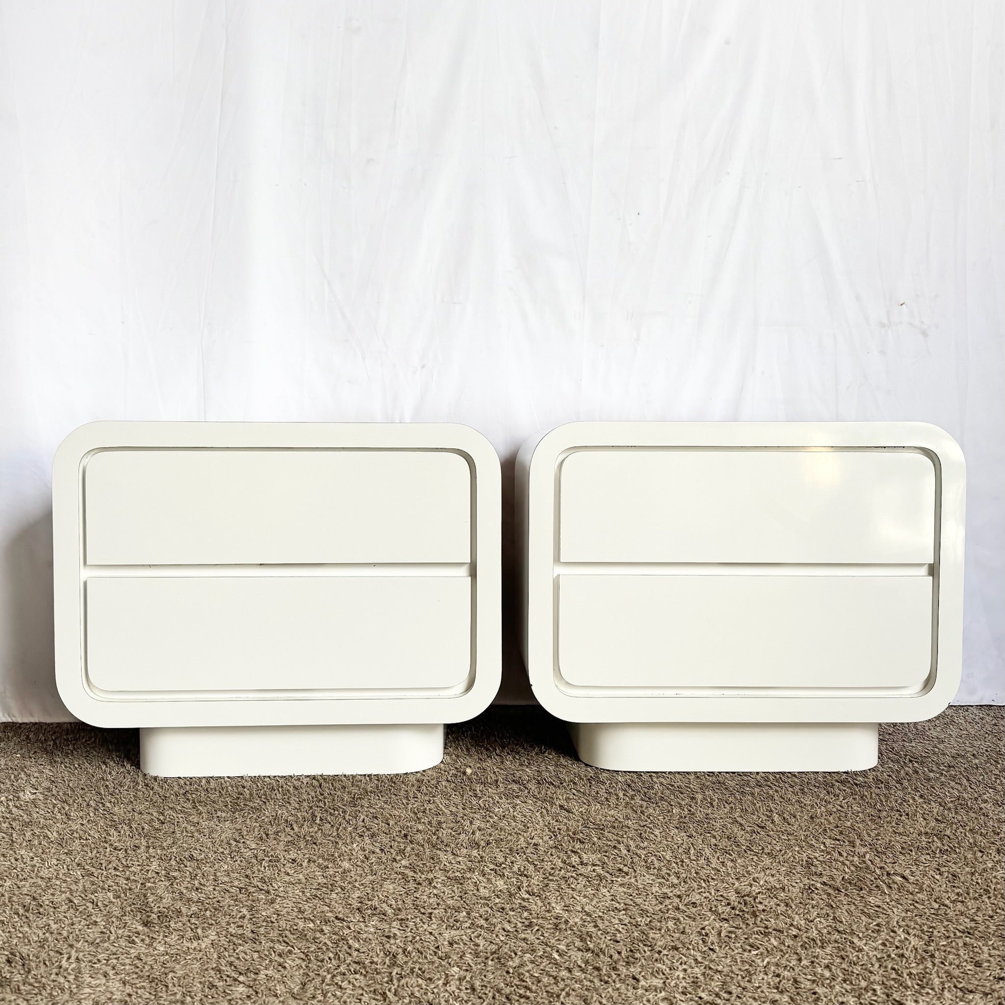 Postmodern White Lacquer Laminate Waterfall Nightstands