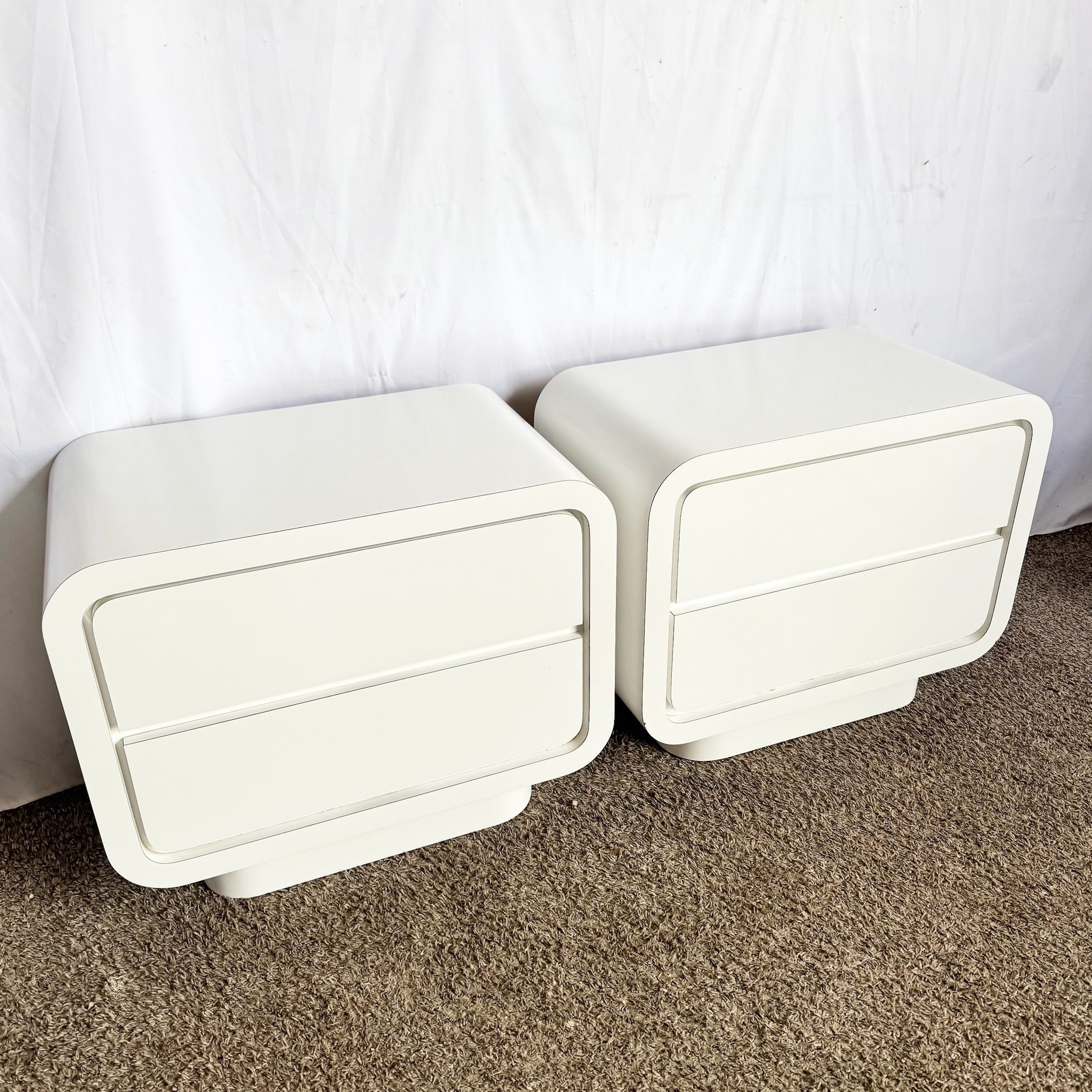 Postmodern White Lacquer Laminate Waterfall Nightstands