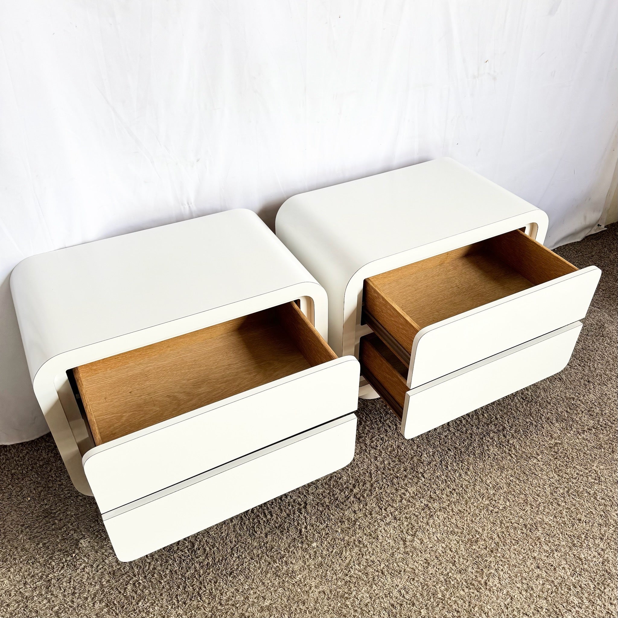 Postmodern White Lacquer Laminate Waterfall Nightstands