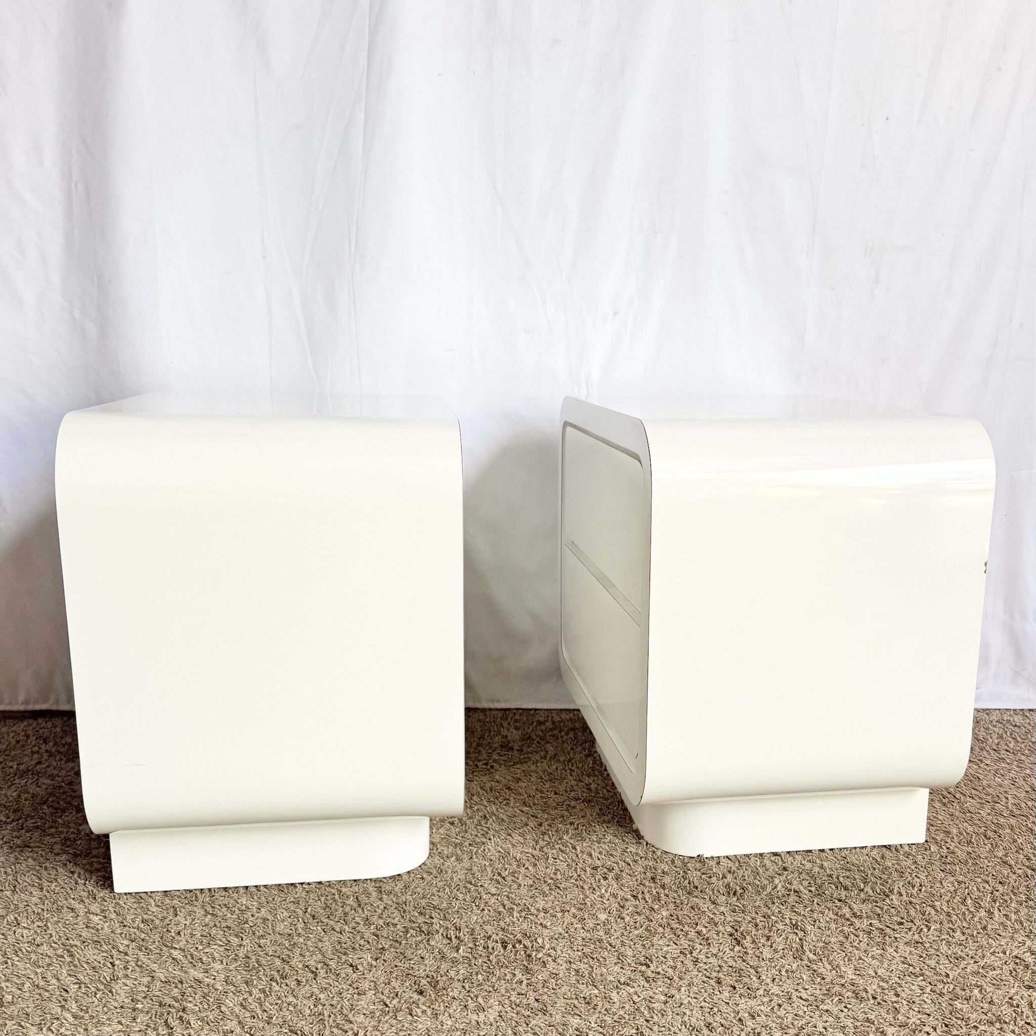 Postmodern White Lacquer Laminate Waterfall Nightstands