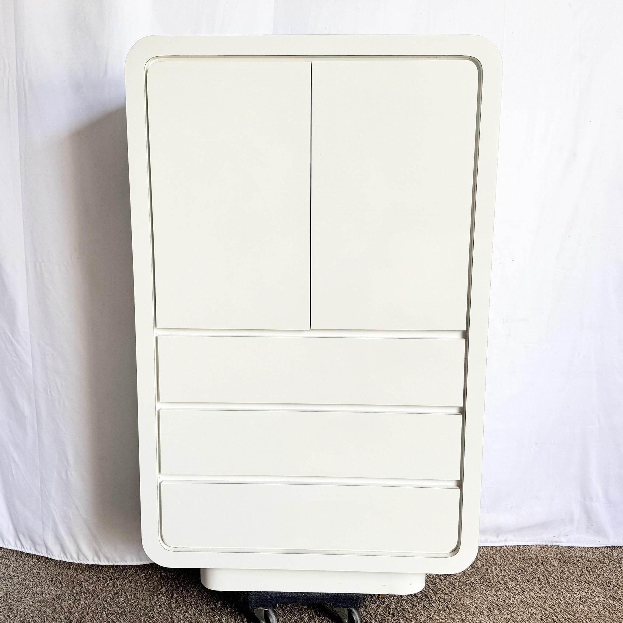 Postmodern White Lacquer Laminate Waterfall Armoire
