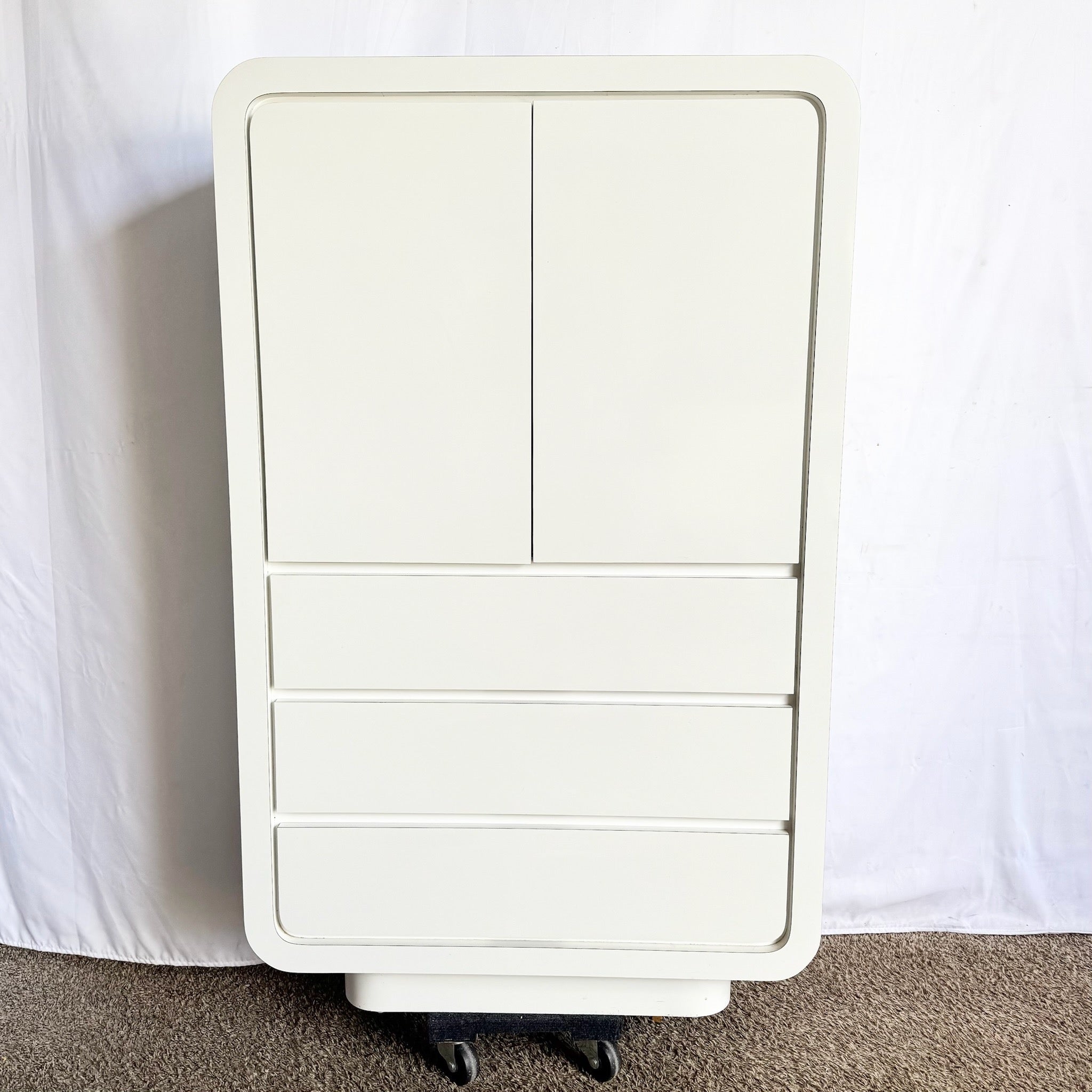Postmodern White Lacquer Laminate Waterfall Armoire