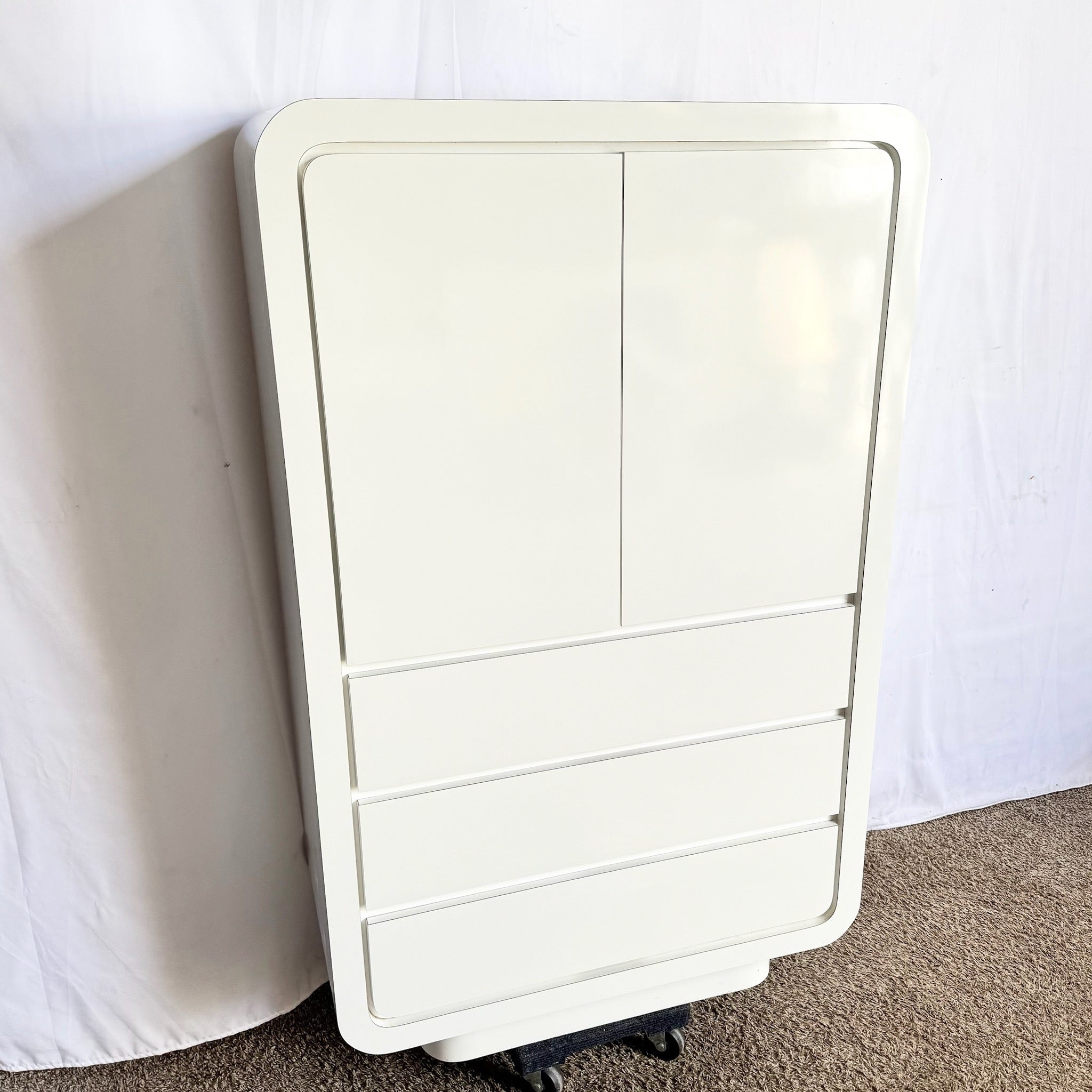 Postmodern White Lacquer Laminate Waterfall Armoire