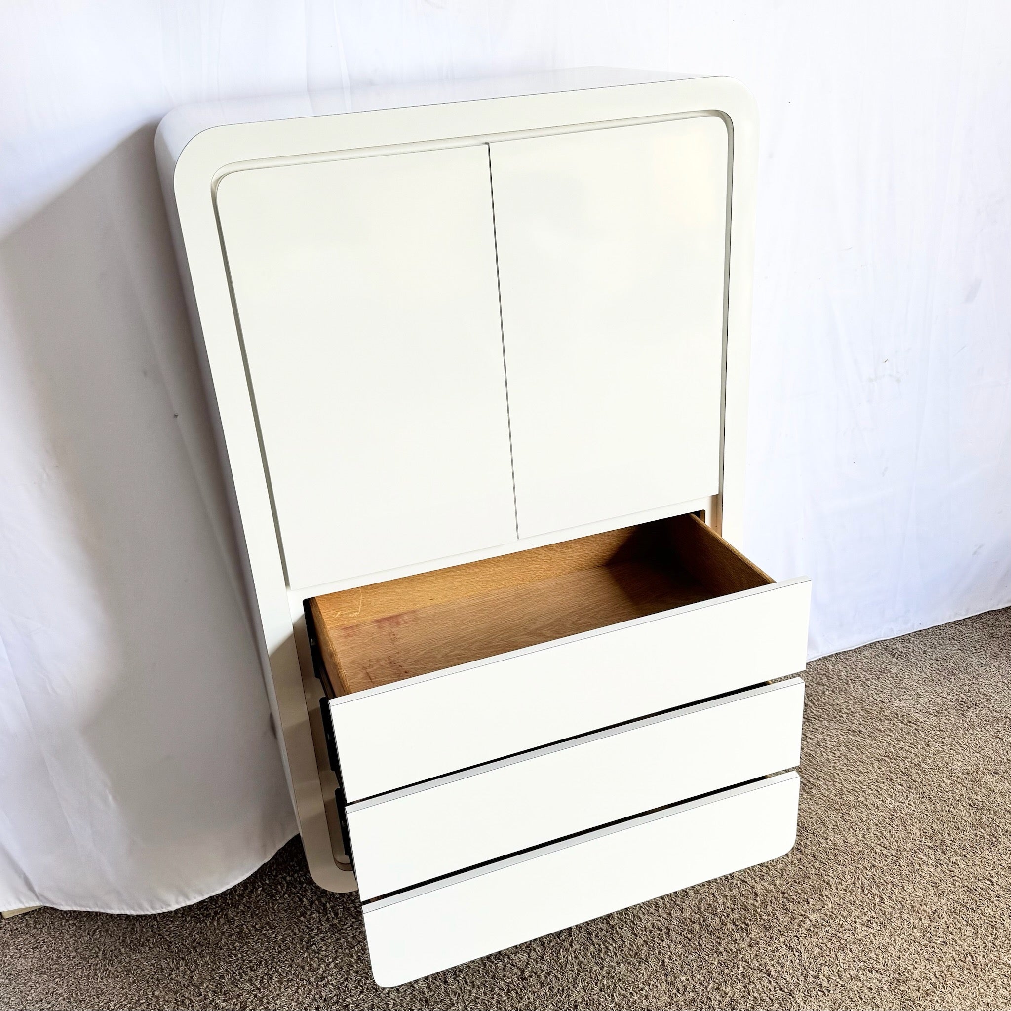 Postmodern White Lacquer Laminate Waterfall Armoire