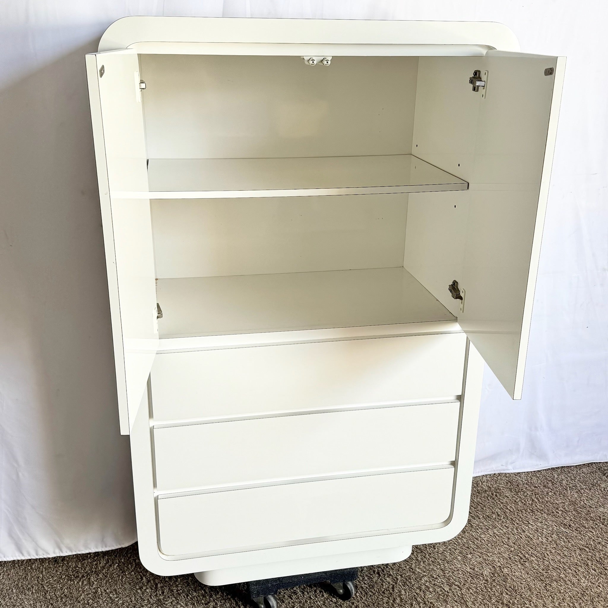 Postmodern White Lacquer Laminate Waterfall Armoire