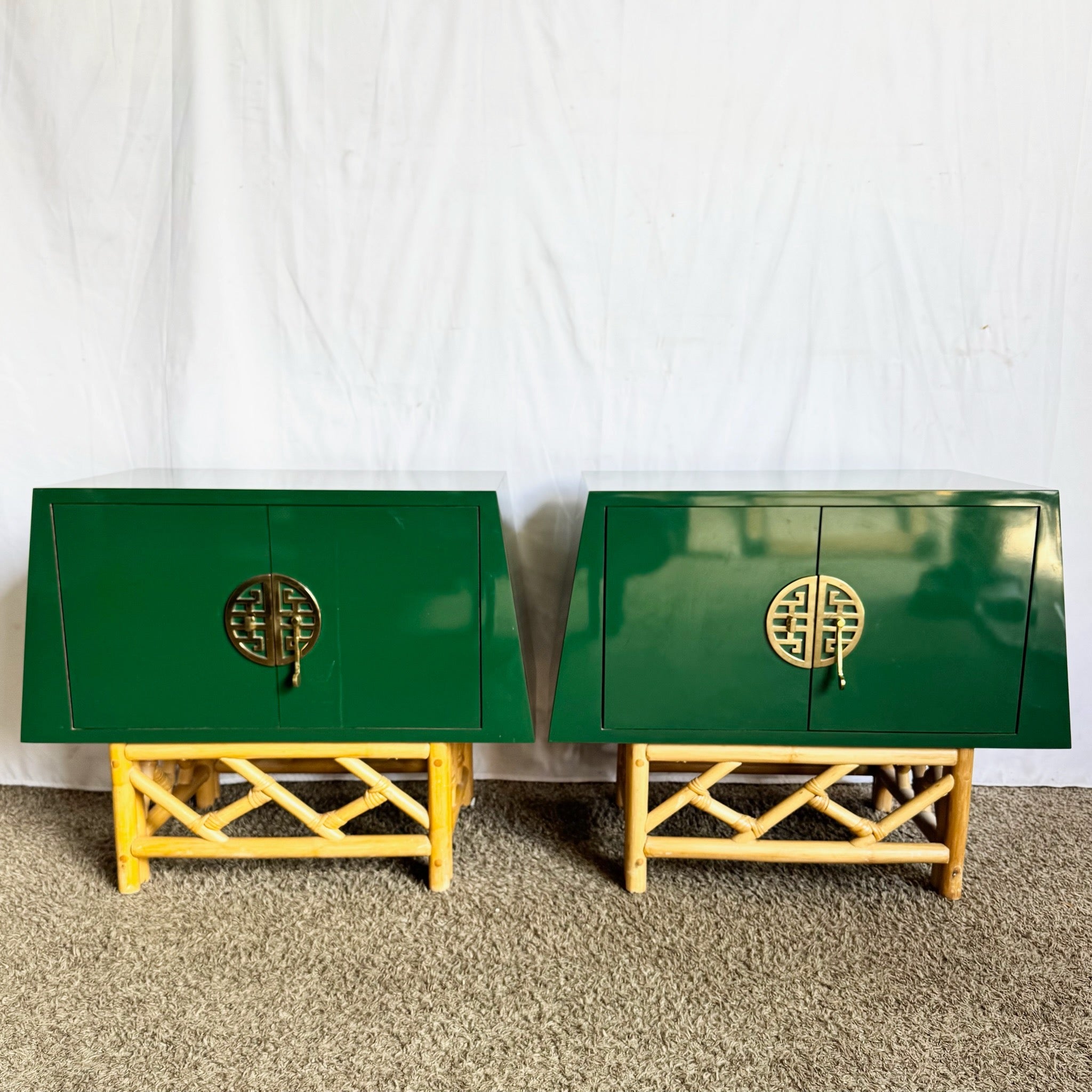Postmodern Chinoiserie Green Lacquer Laminate Rattan Nightstands With Brass Accents - A Pair