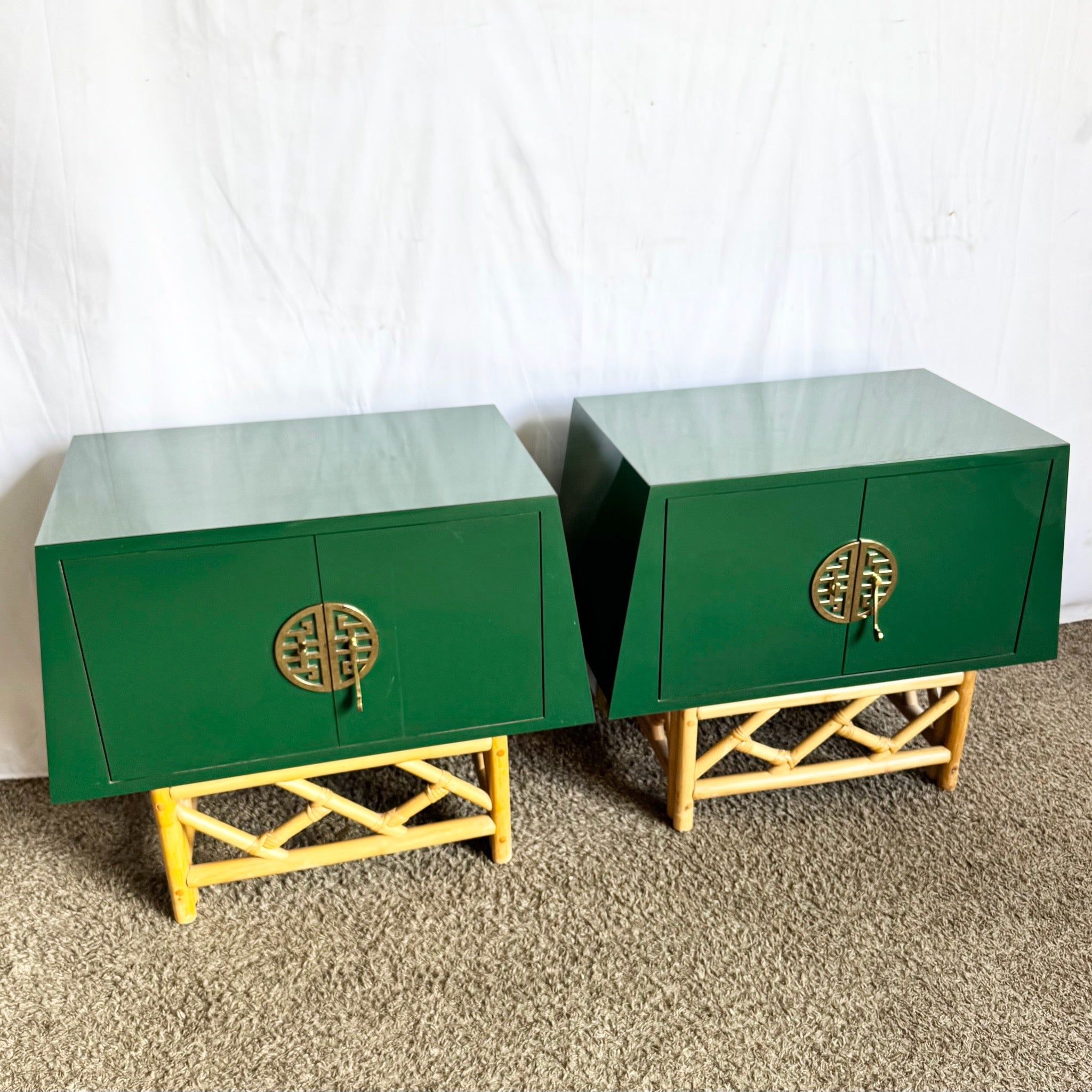 Postmodern Chinoiserie Green Lacquer Laminate Rattan Nightstands With Brass Accents - A Pair