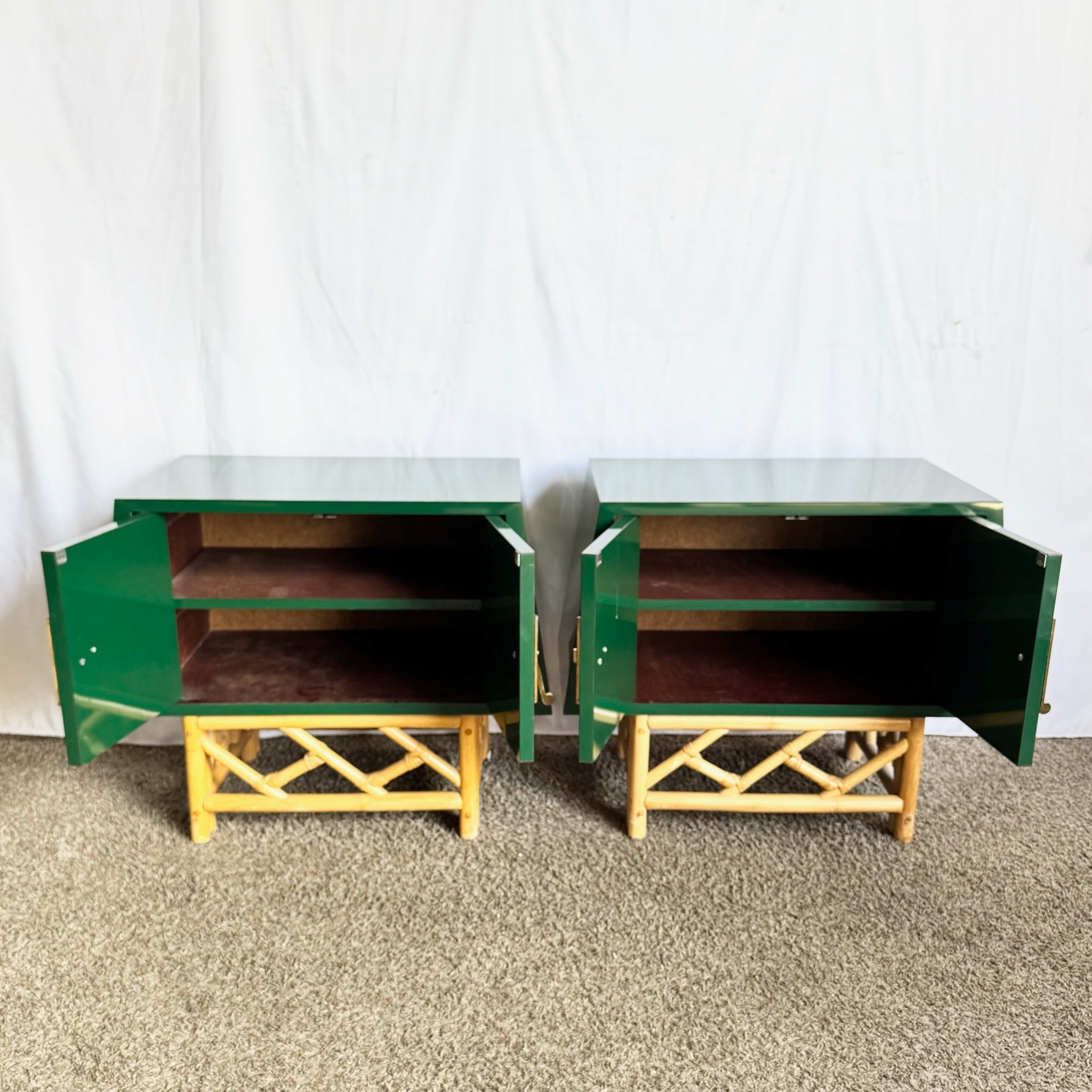 Postmodern Chinoiserie Green Lacquer Laminate Rattan Nightstands With Brass Accents - A Pair