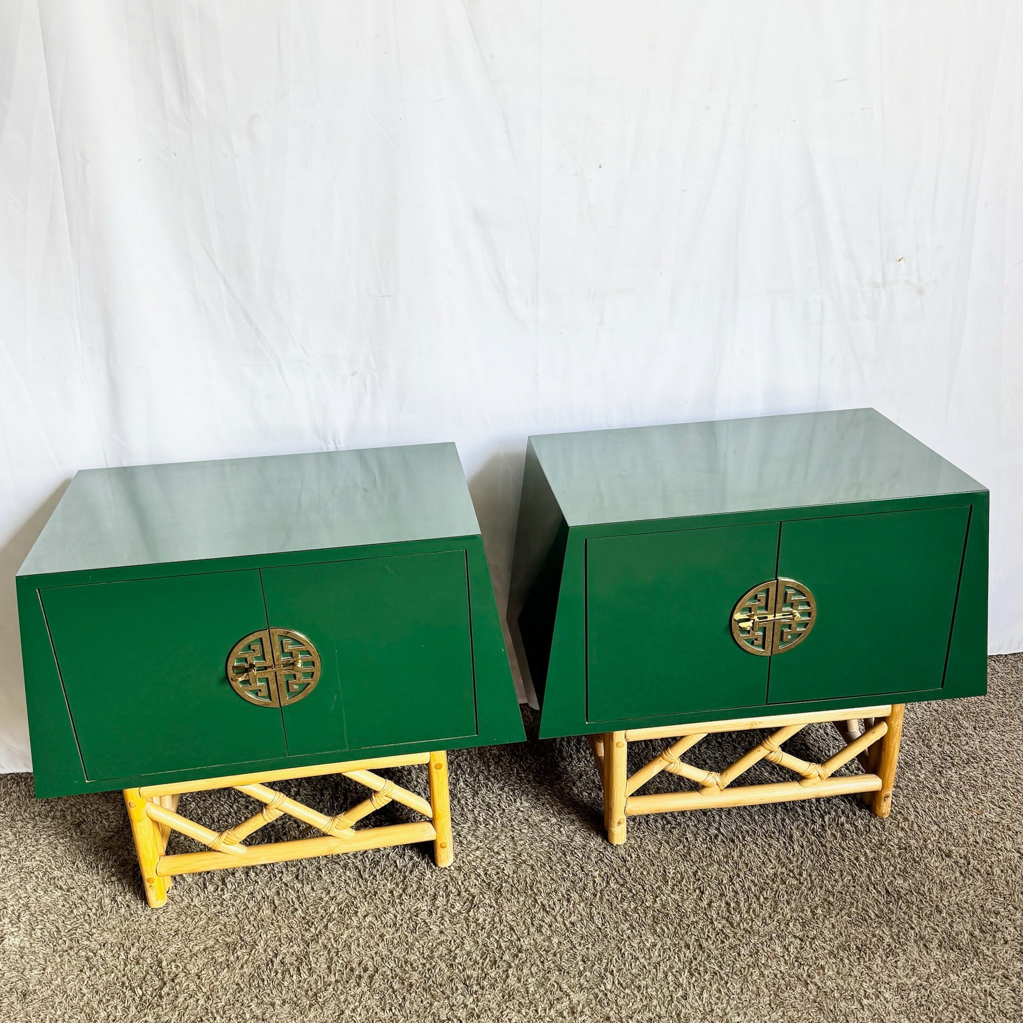Postmodern Chinoiserie Green Lacquer Laminate Rattan Nightstands With Brass Accents - A Pair