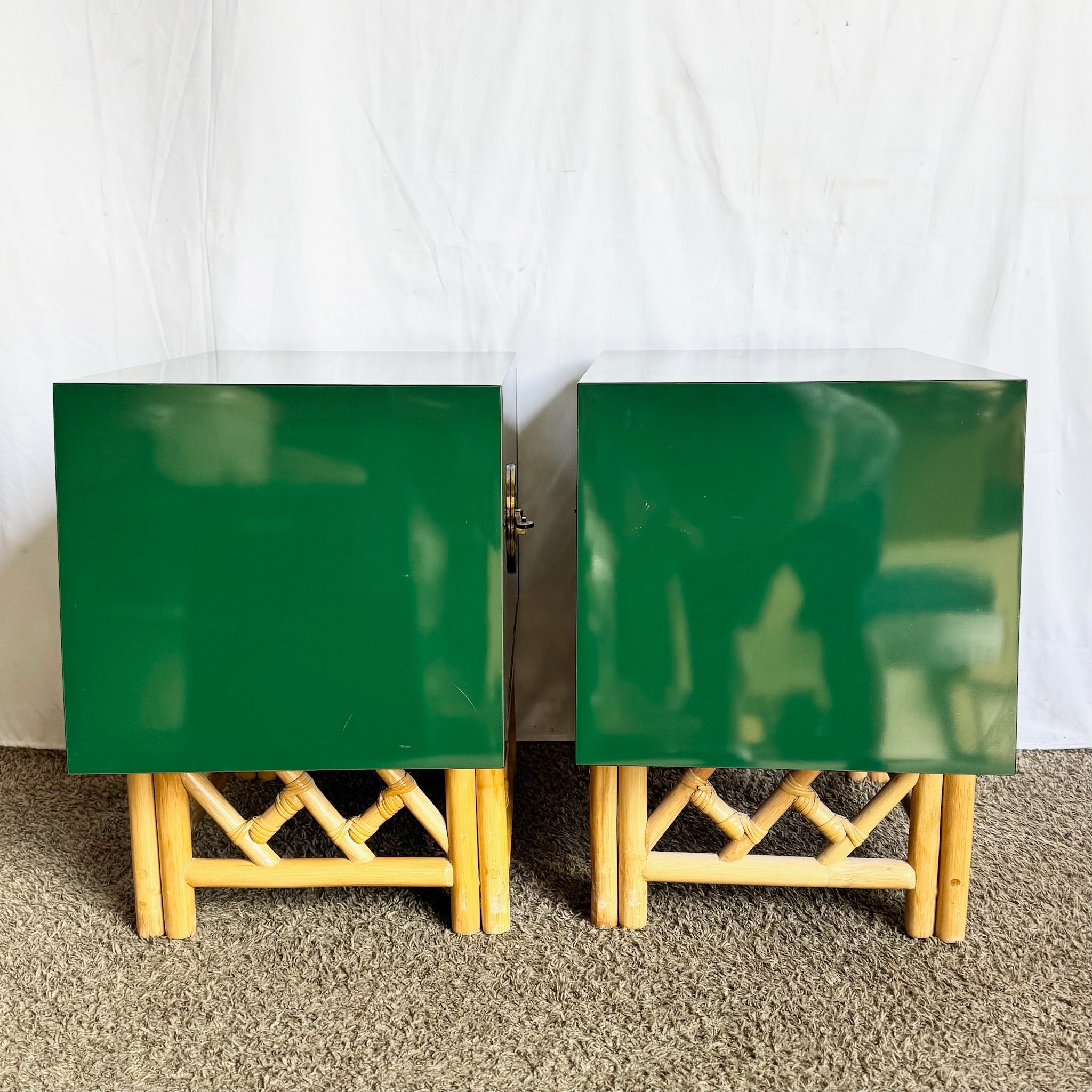 Postmodern Chinoiserie Green Lacquer Laminate Rattan Nightstands With Brass Accents - A Pair