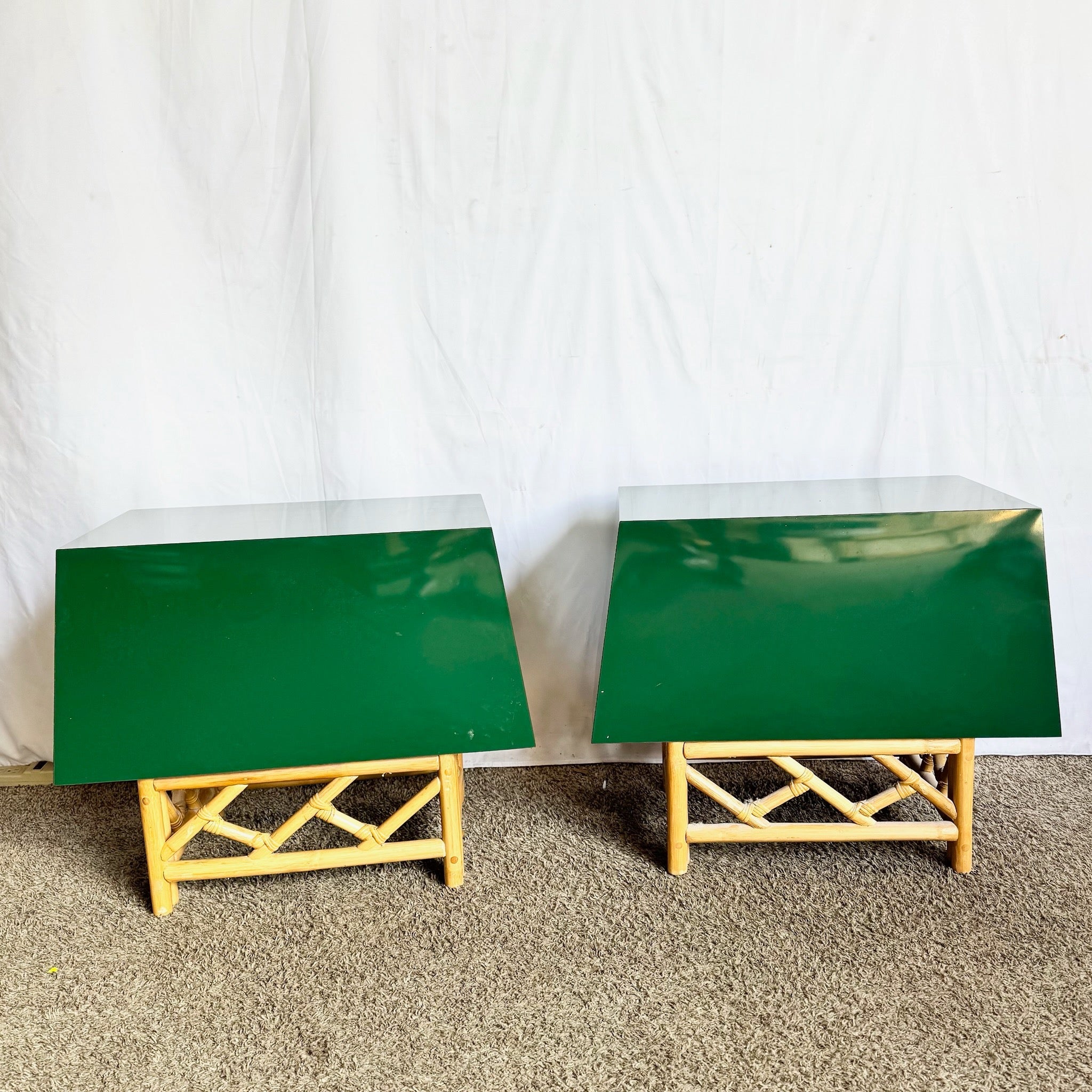 Postmodern Chinoiserie Green Lacquer Laminate Rattan Nightstands With Brass Accents - A Pair