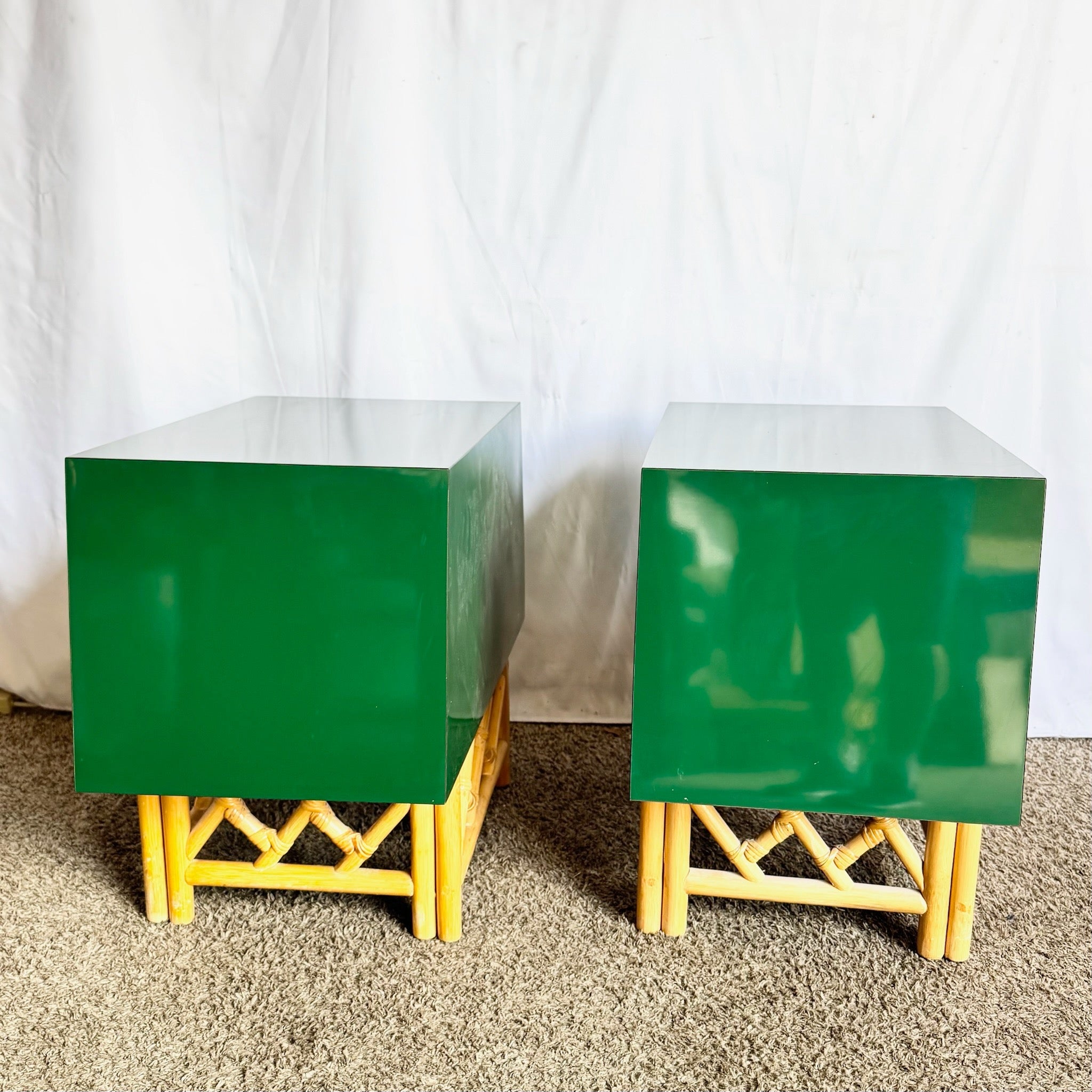 Postmodern Chinoiserie Green Lacquer Laminate Rattan Nightstands With Brass Accents - A Pair