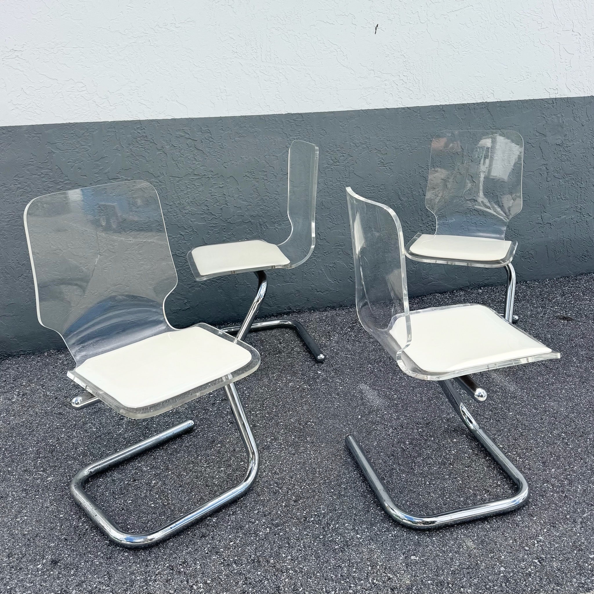 Mid Century Modern Chrome and Lucite Dining Chairs by Hill Manufacturing - Set of 4 Dolphin & Flamingo