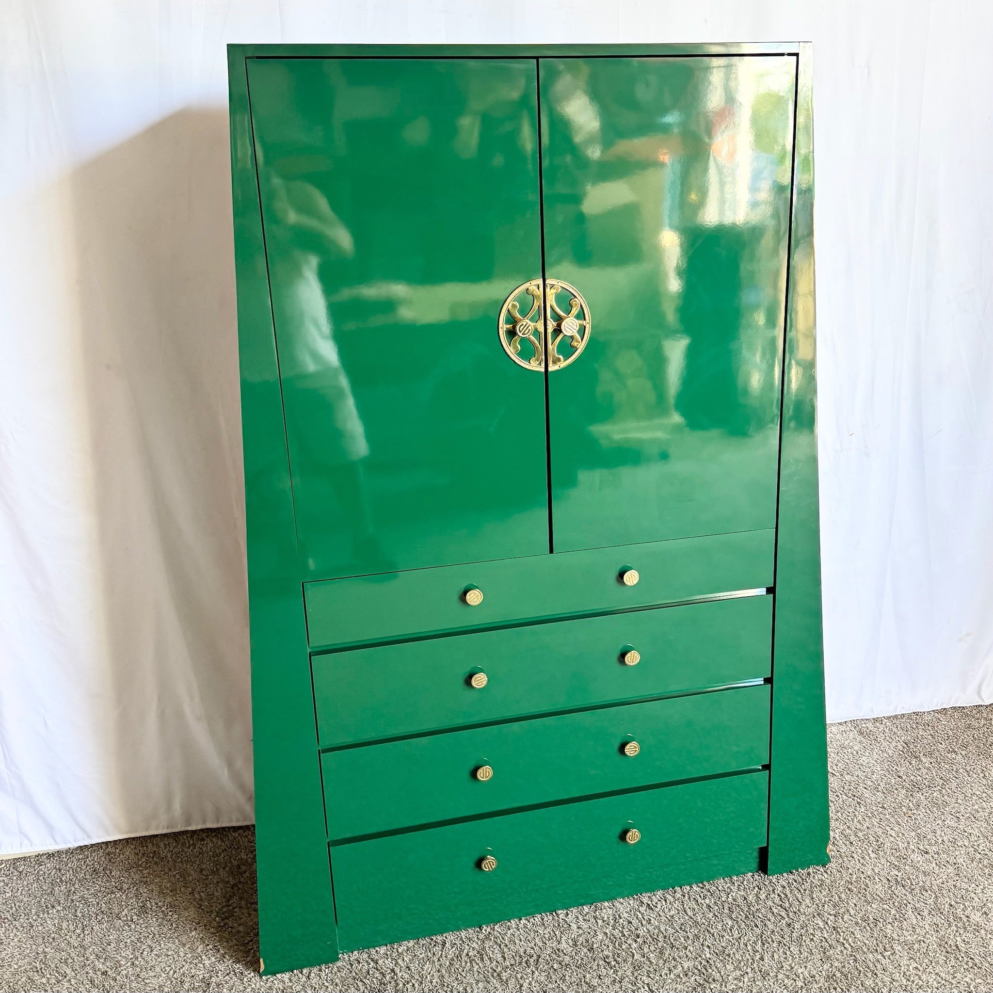 Postmodern Chinoiserie Green Lacquer Laminate Armoire With Brass Accents